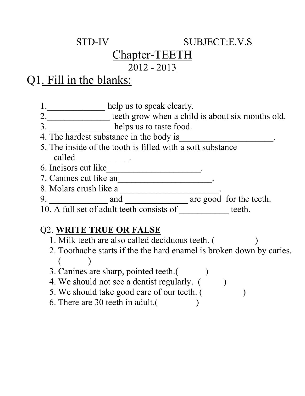 Worksheet for Class 4 Environmental Studies Teeth Assignment - Page 1