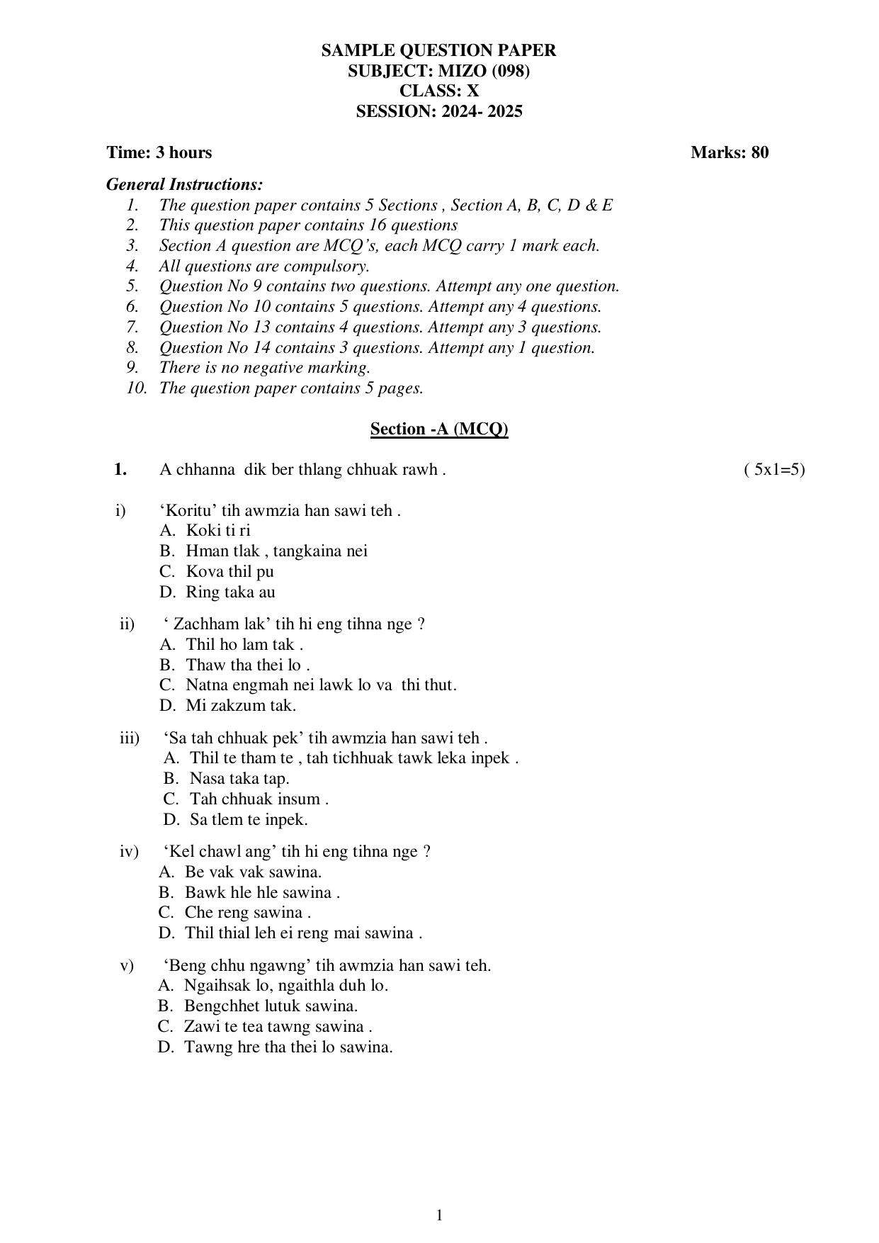 CBSE Class 10 Mizo Sample Paper 2025 - Page 1