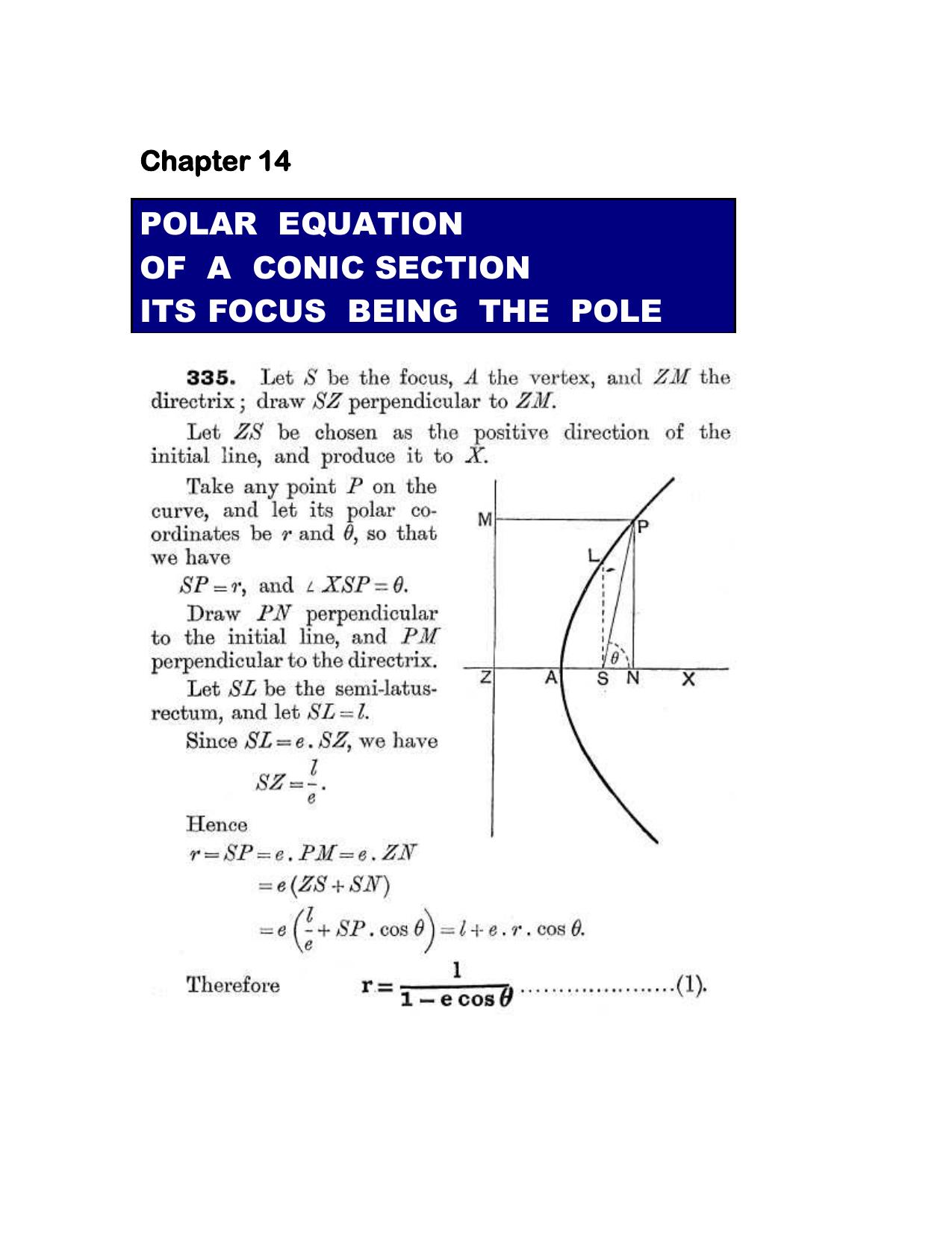 Chapter 14: Polar Equation Of A Conic Being the Pole - SL Loney Solutions: The Elements of Coordinate Geometry - Page 1