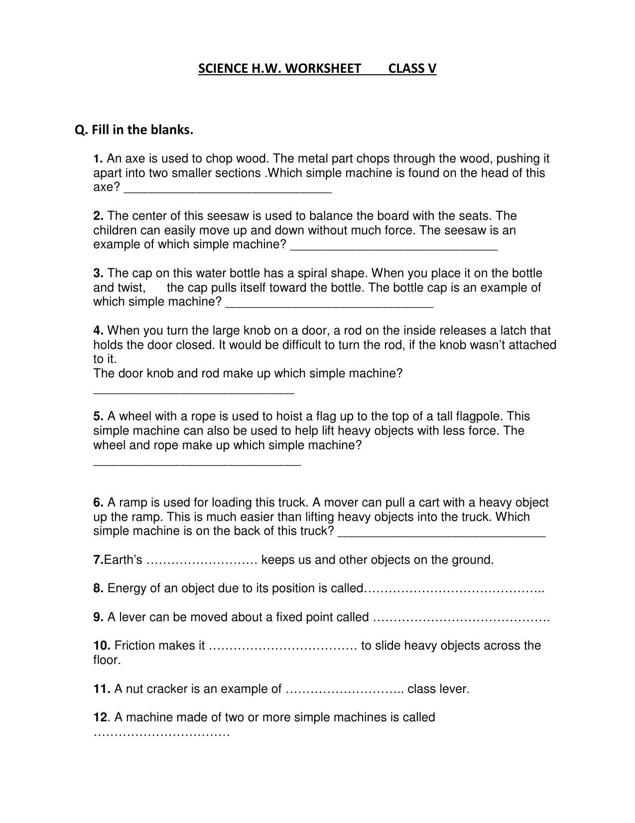 Worksheet for Class 5 Science Assignment 15 - Page 1