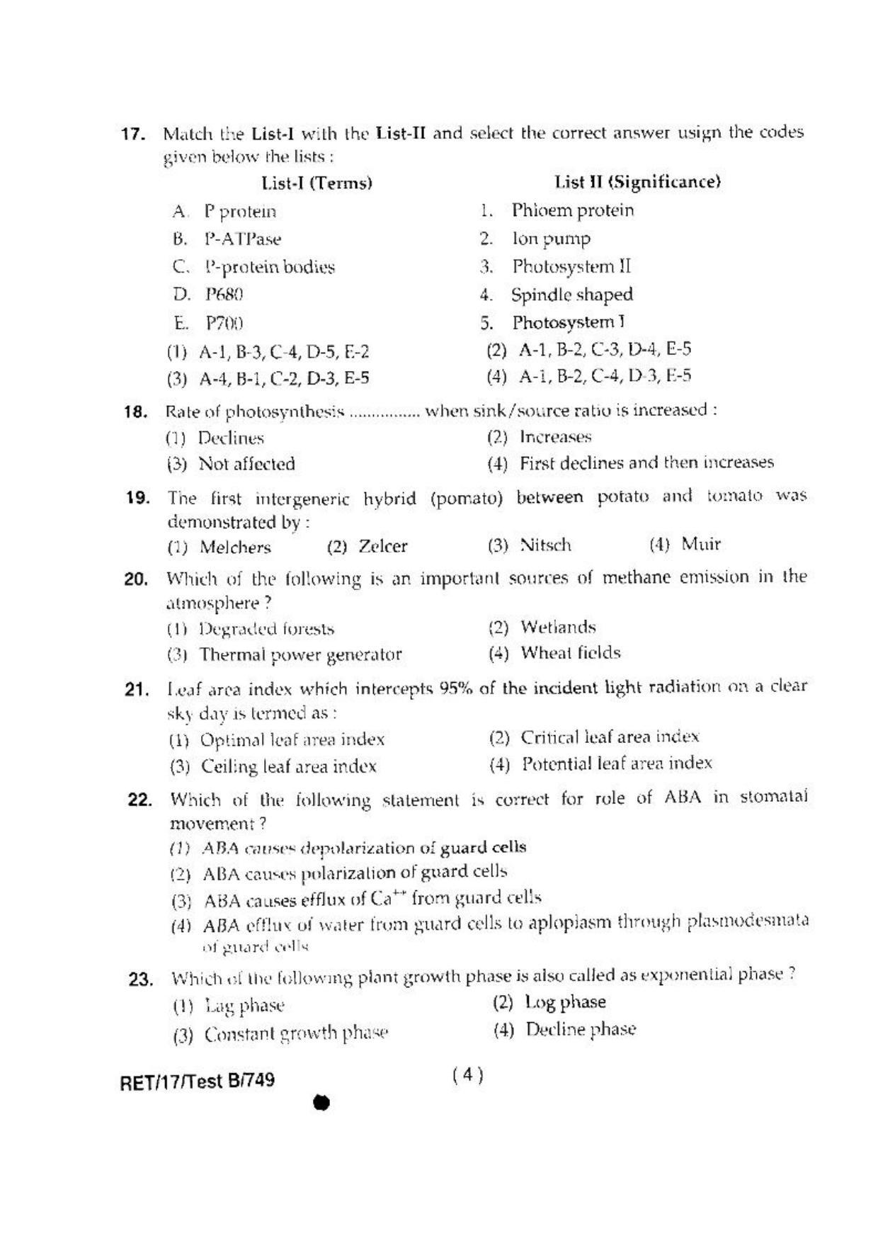 BHU RET(Agriculture) Plant Physiology 2017 Question Paper - Page 6