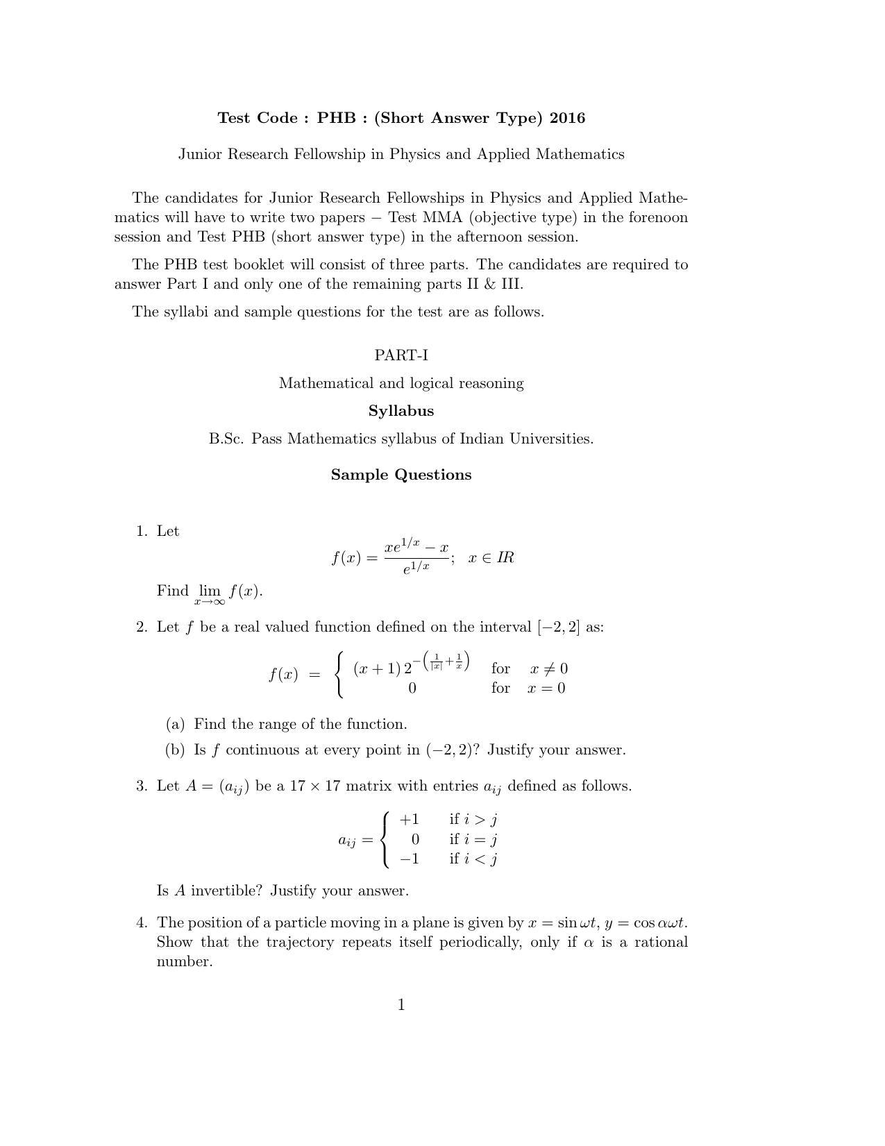 ISI Admission Test JRF in Physics and Applied Mathematics PHB 2016 Sample Paper - Page 1