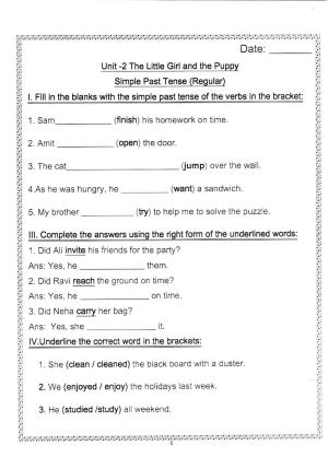 Worksheet for Class 2 English Assignment 102 Simple Past Tense