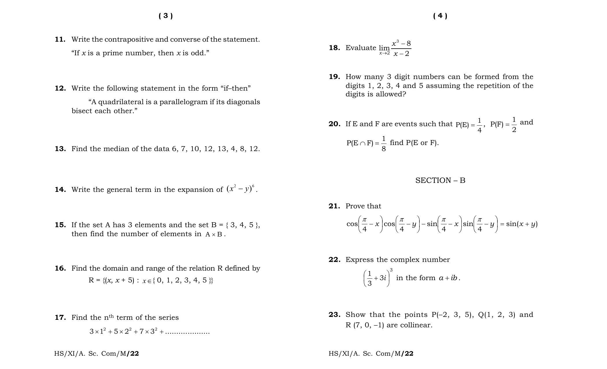 Meghalaya Board (MBOSE) Class 11 Mathematics (theory) 2022 Question Paper - Page 2