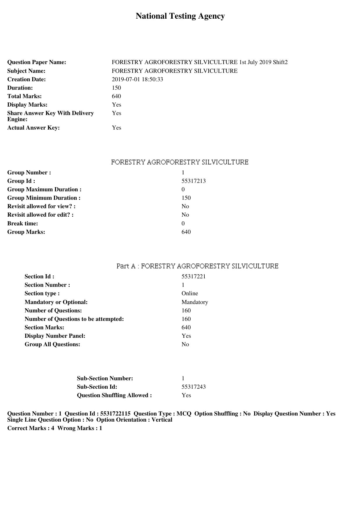 ICAR AIEEA PG 2019 FORESTRY AGROFORESTRY SILVICULTURE Question Paper - Page 1