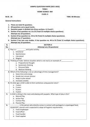 CBSE Class 10 Home Science Sample Paper 2021-22