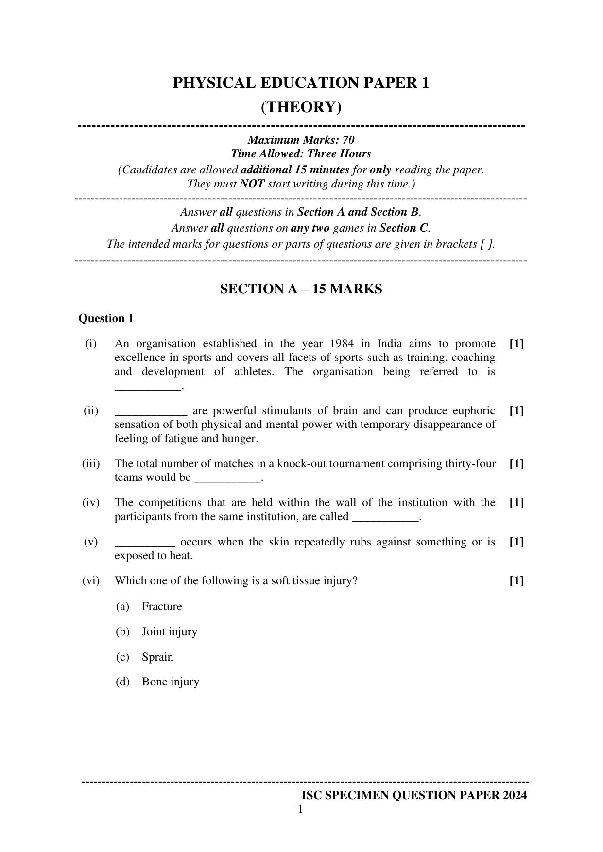 ISC Class 12 2024 Physical Education Sample Paper - Page 1