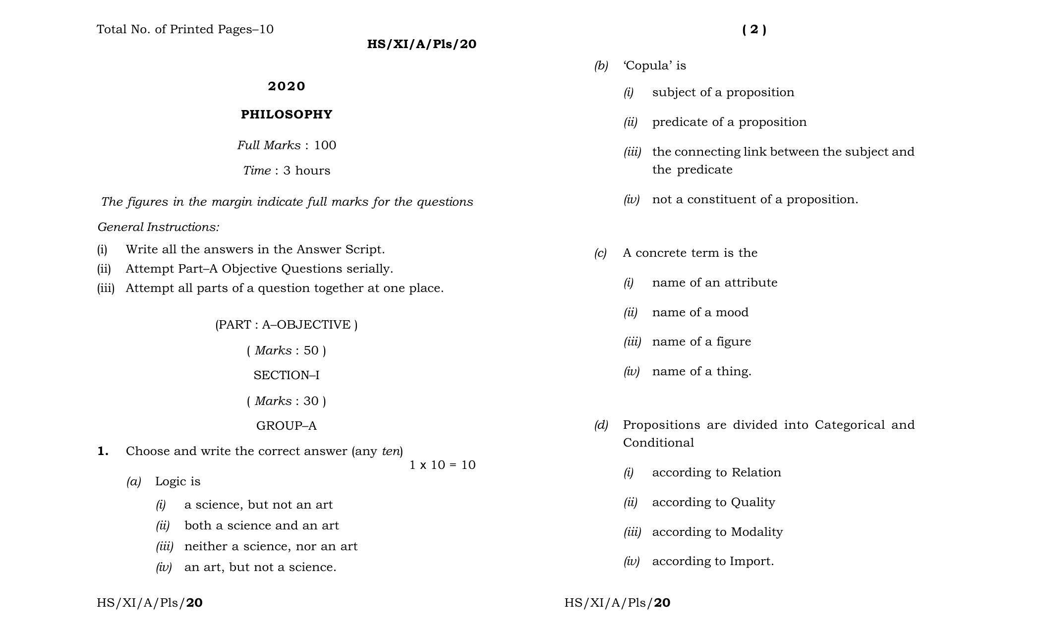 Meghalaya Board (MBOSE) Class 11 Philosophy 2020 Question Paper - Page 1
