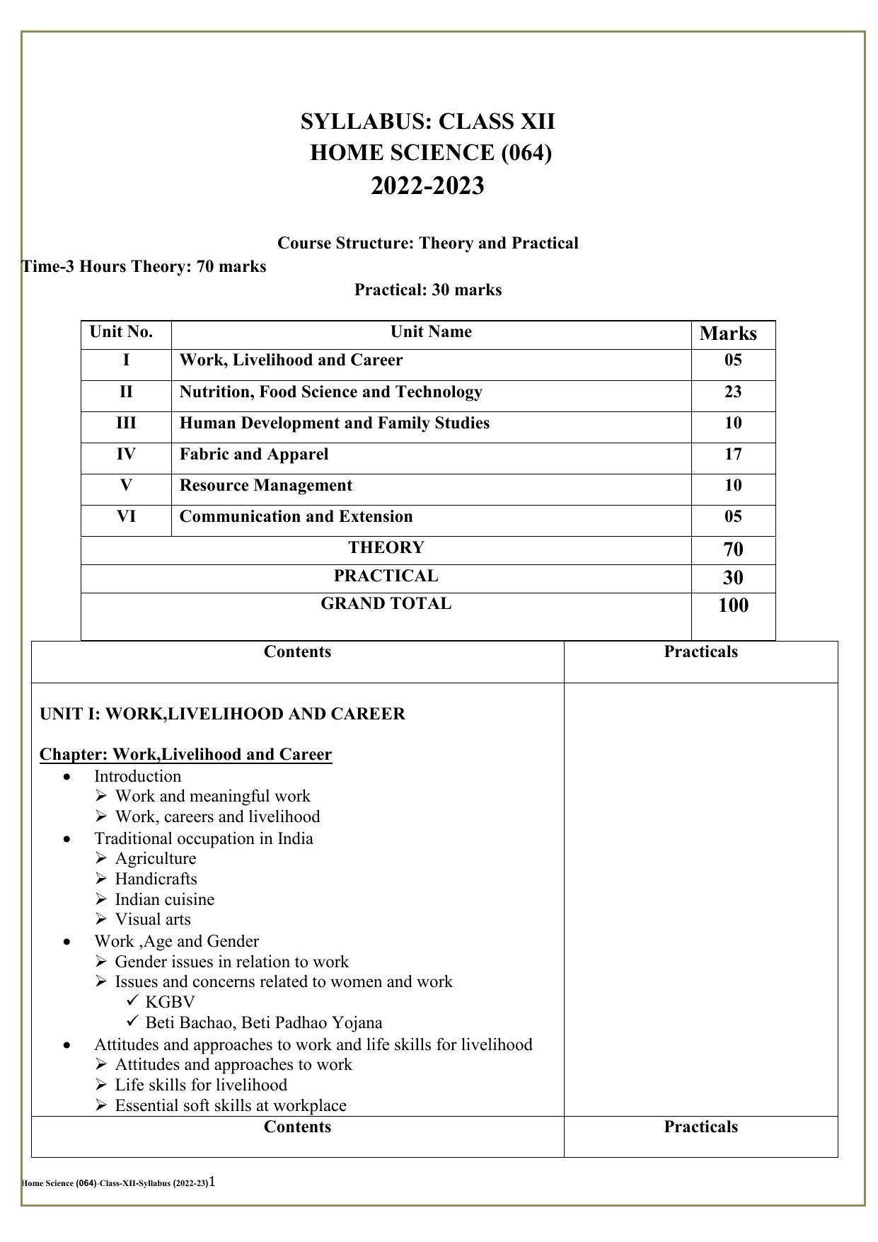 Edudel Class 12 Home Science Syllabus - Page 1