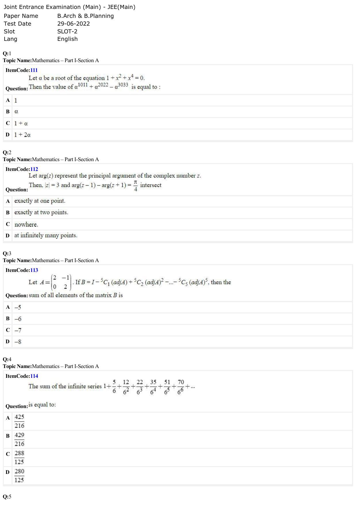 JEE Mains 2022: B Arch & B Planning English (Shift 2) 29-06-2022 Question Paper - Page 1