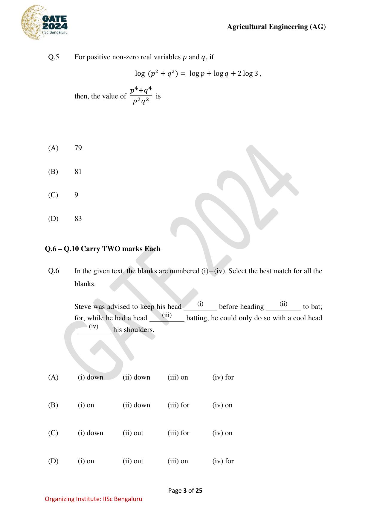 GATE 2024 Agricultural Engineering (AG) Question Paper - Page 3