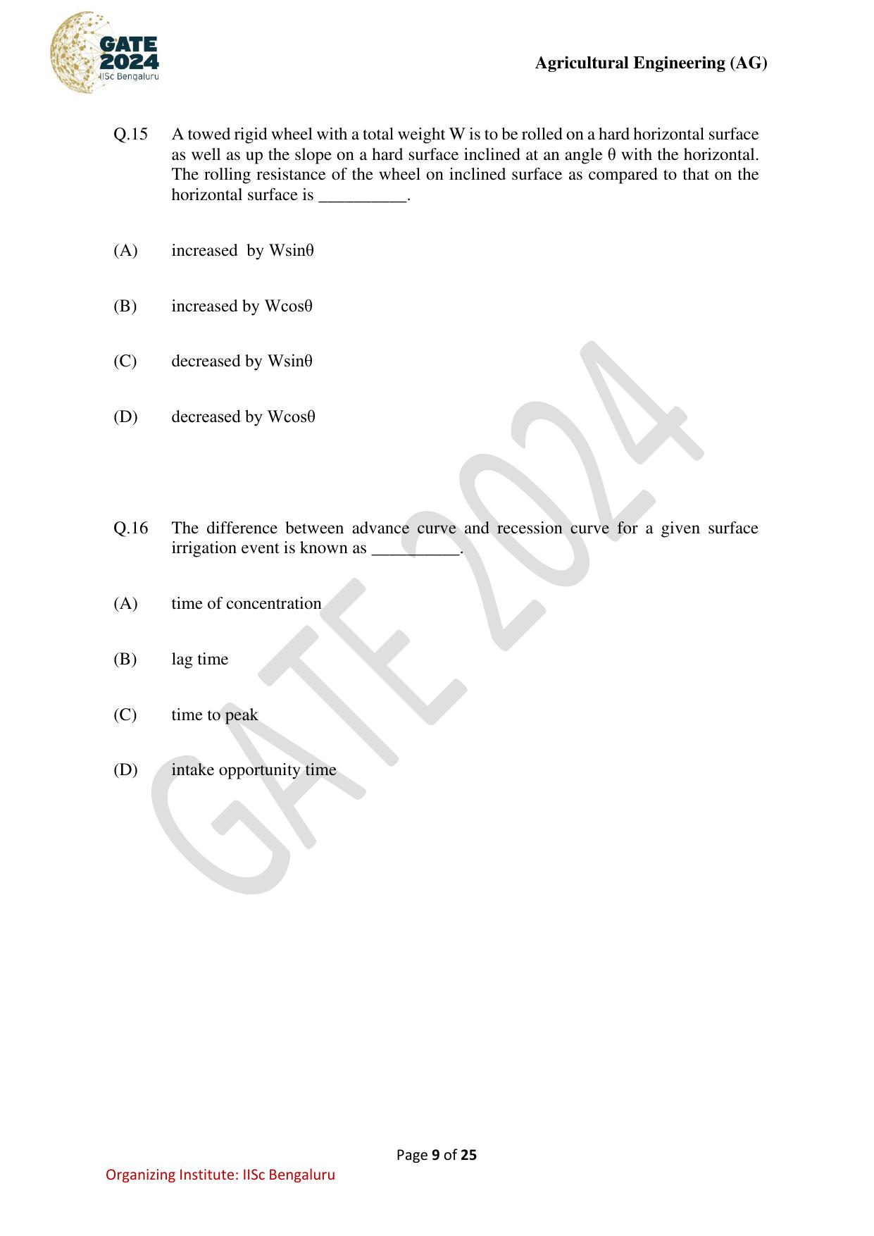 GATE 2024 Agricultural Engineering (AG) Question Paper - Page 9