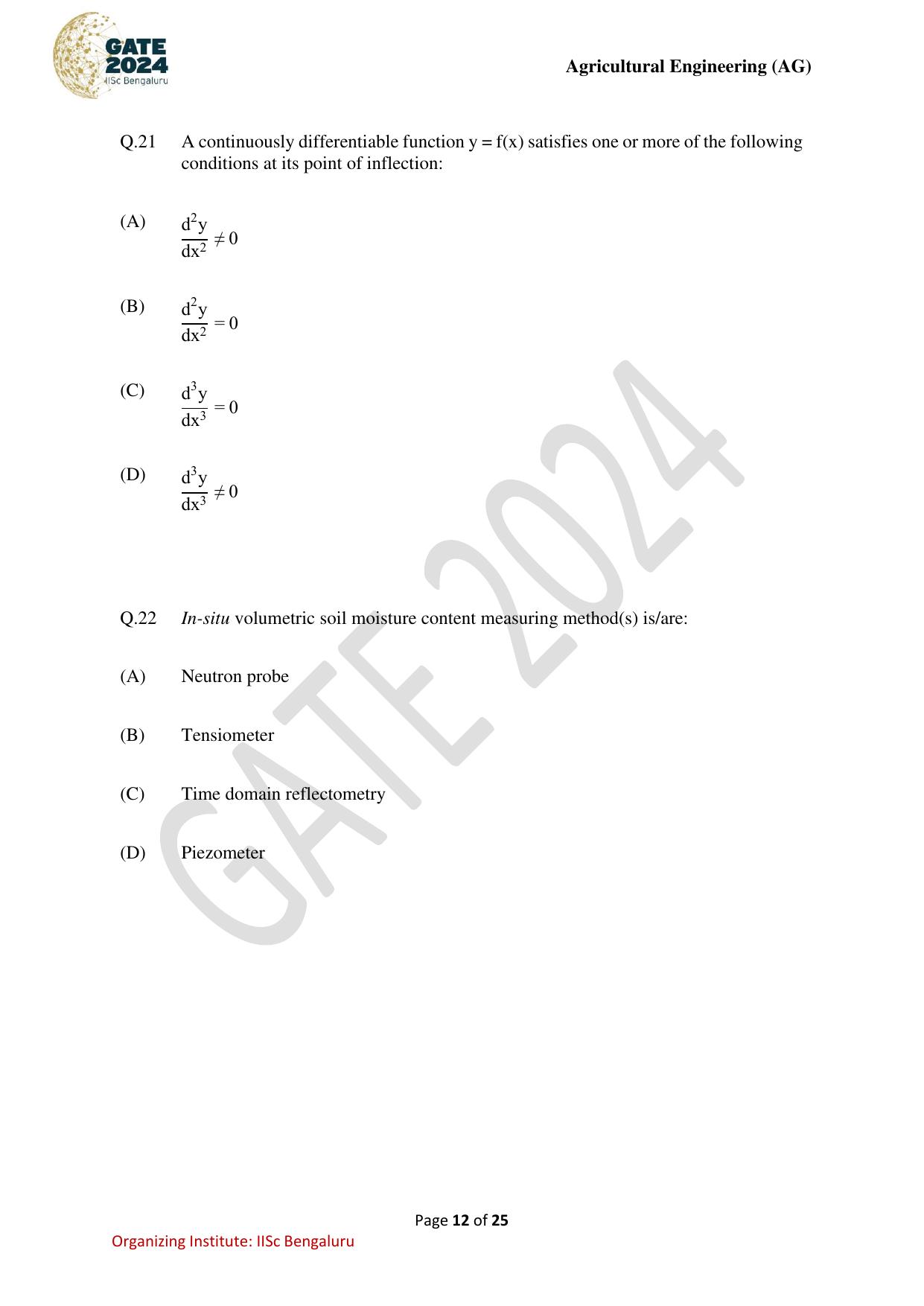 GATE 2024 Agricultural Engineering (AG) Question Paper - Page 12