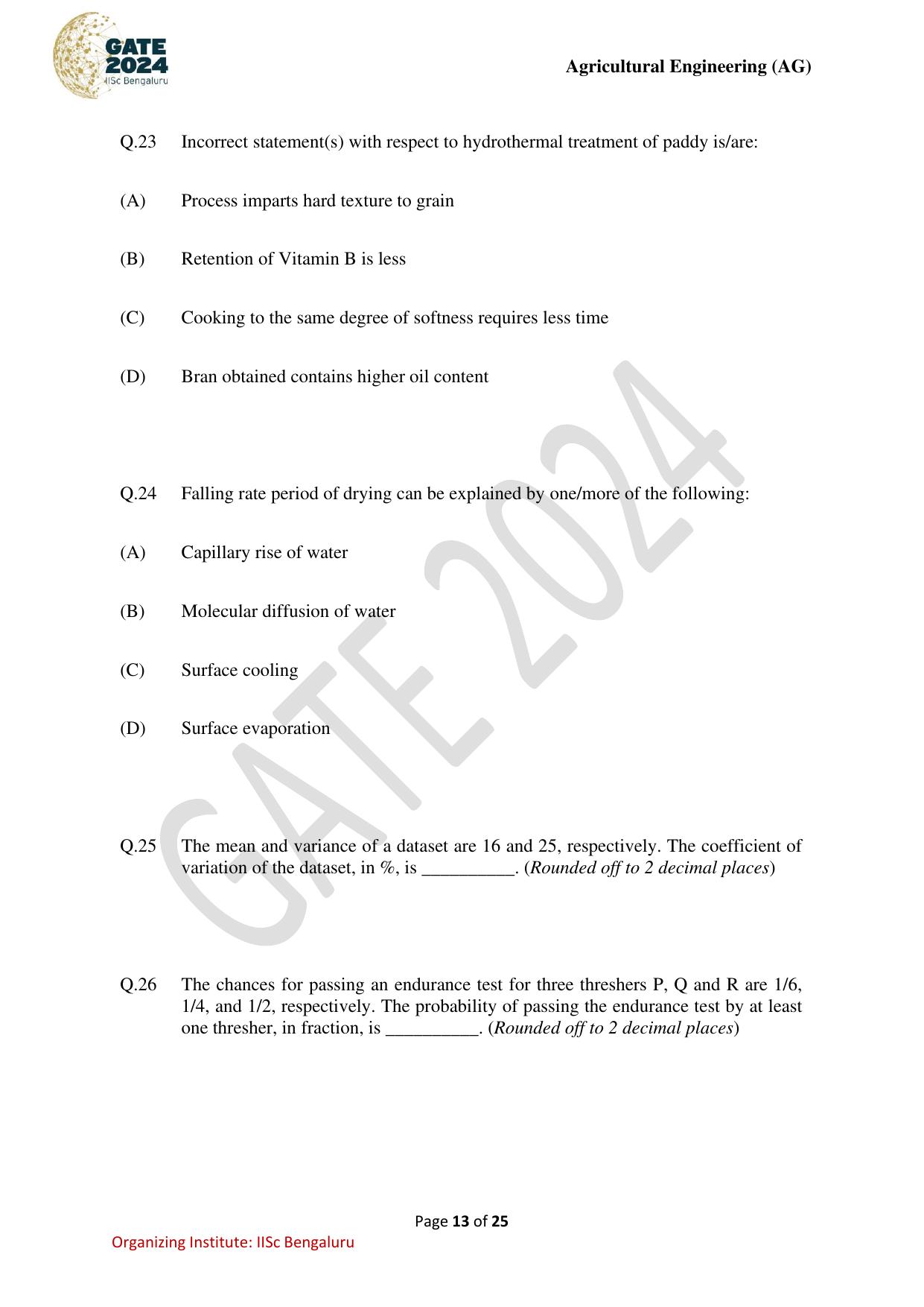 GATE 2024 Agricultural Engineering (AG) Question Paper - Page 13