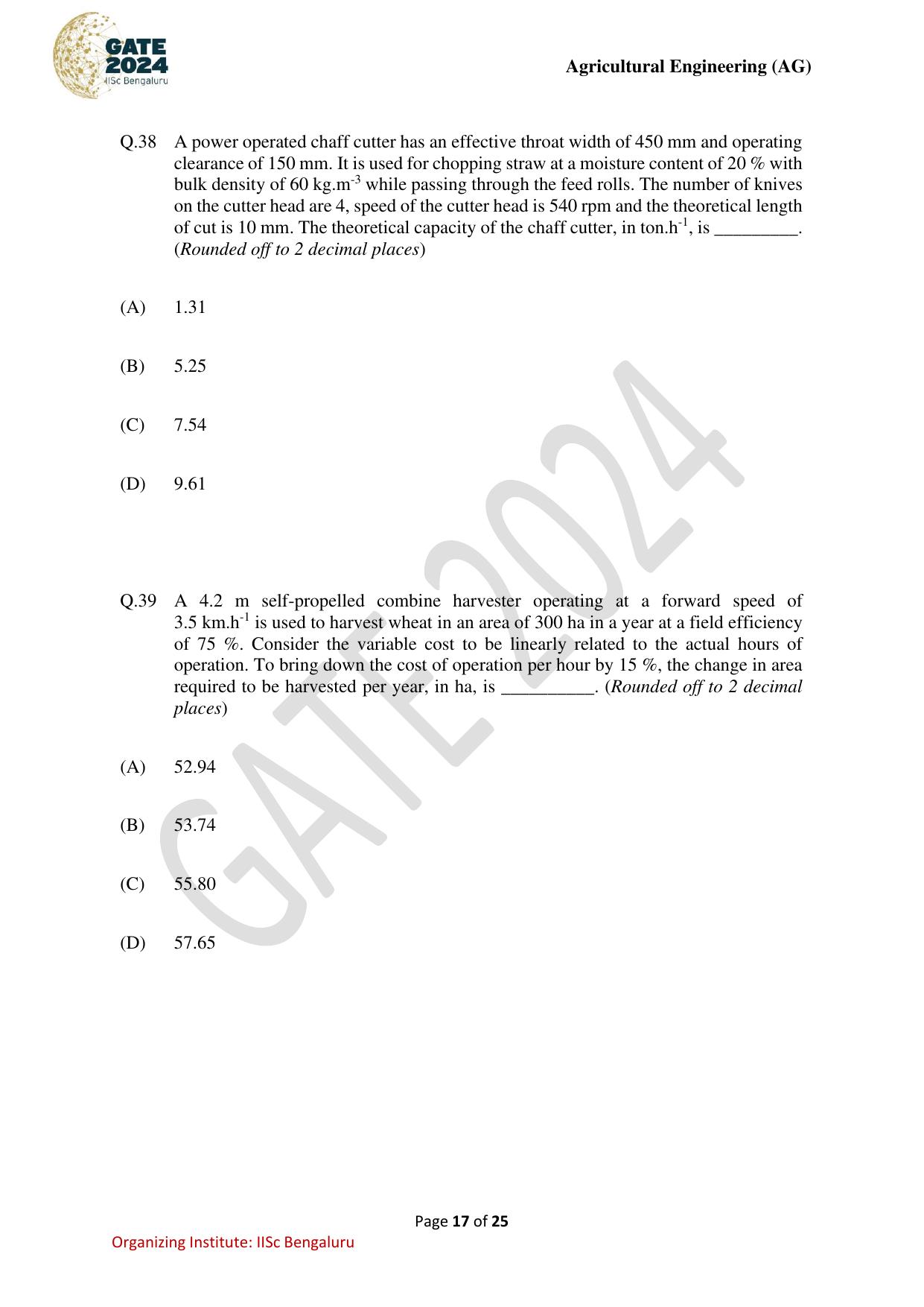 GATE 2024 Agricultural Engineering (AG) Question Paper - Page 17