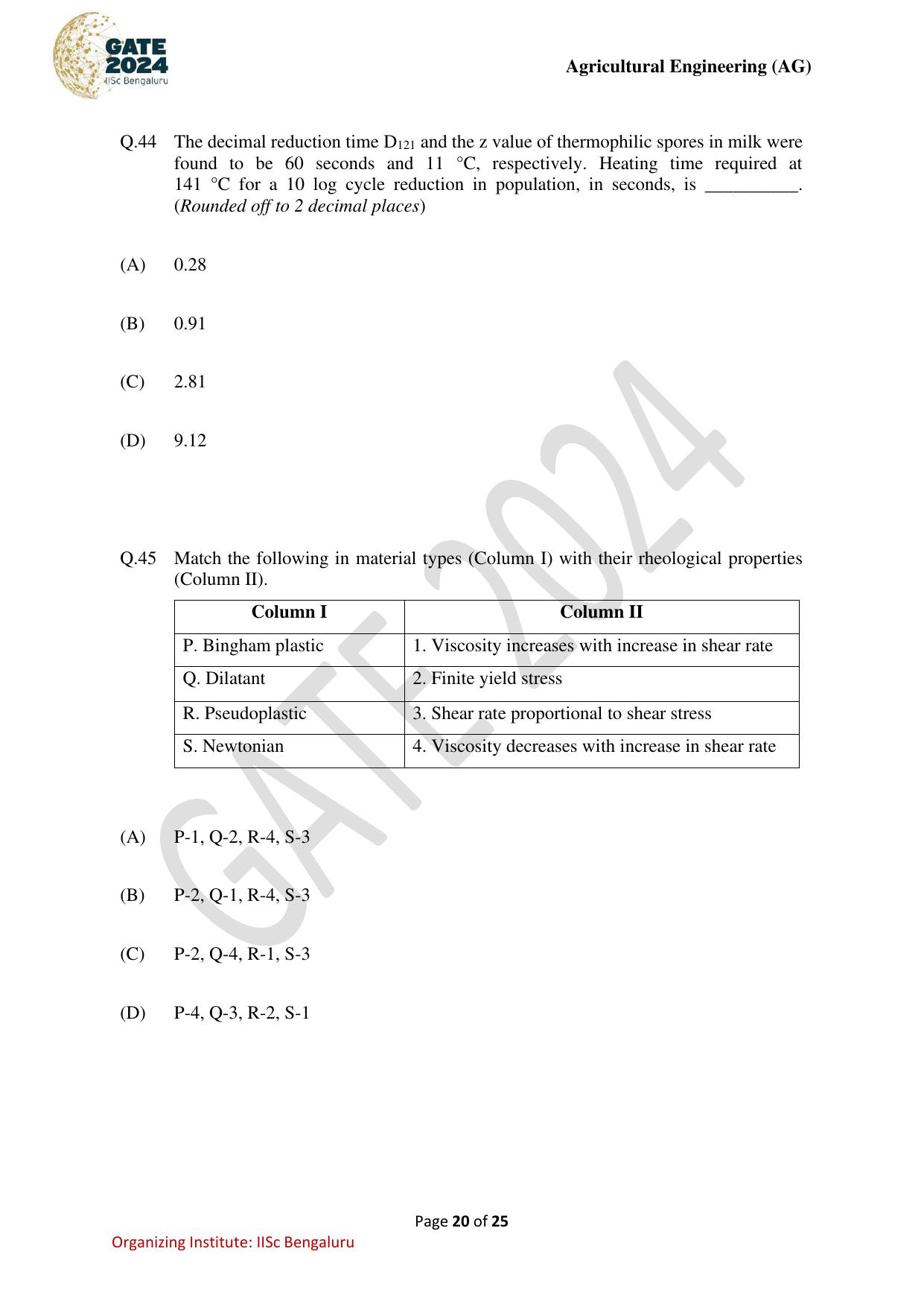GATE 2024 Agricultural Engineering (AG) Question Paper - Page 20
