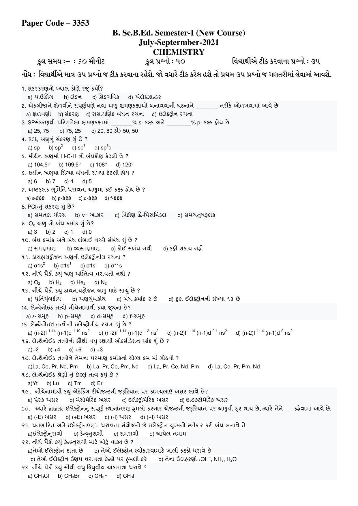 Hemchand North Gujarat University Sample Paper July-Sept 2021: B. Sc.B.Ed. Semester-I Chemistry Paper Code – 3353 (New Course) - Page 1