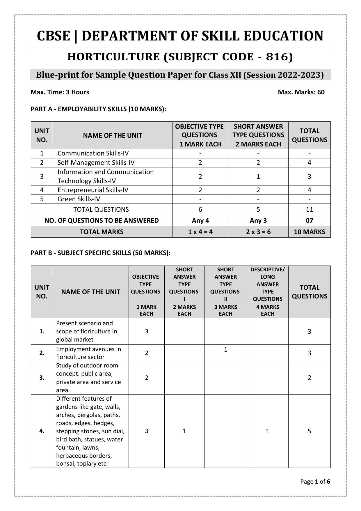 CBSE Class 10 Horticulture (Skill Education) Sample Papers 2023 - Page 1