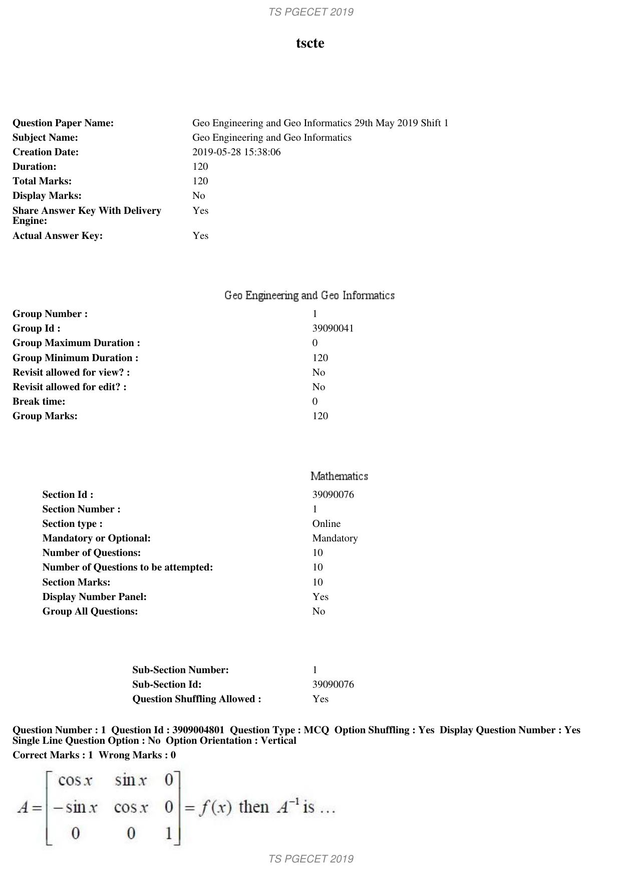 TS PGECET 2019: Geo Engineering and Geo Informatics Question Papers - Page 1