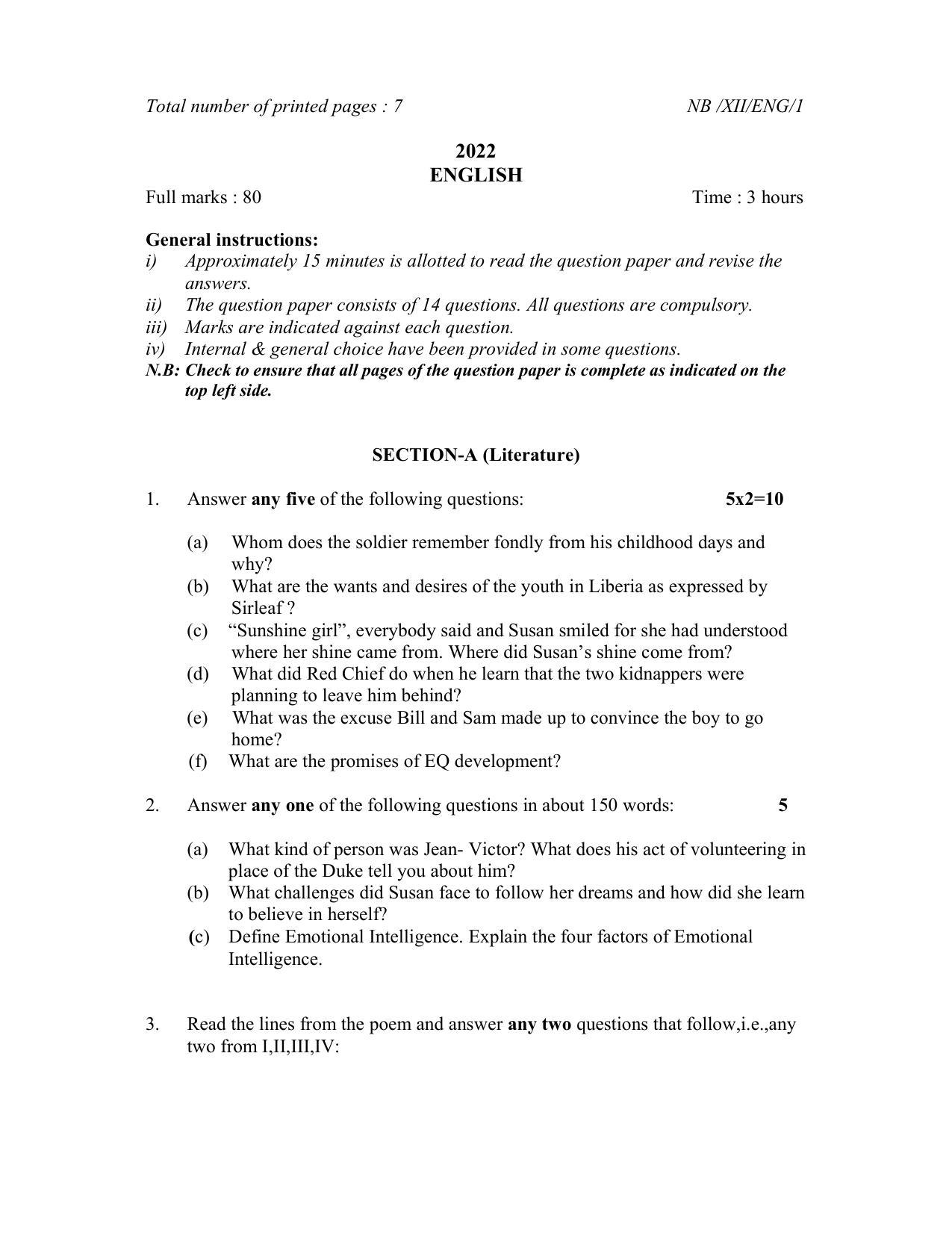 Nagaland Board Class 12 English 2022 Question Paper - Page 1