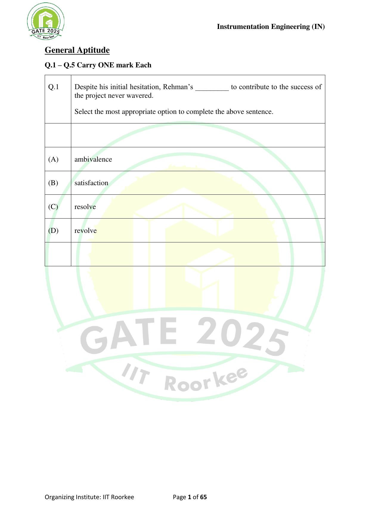 GATE 2025 Instrumentation Engineering (IN) Question Paper - Page 1