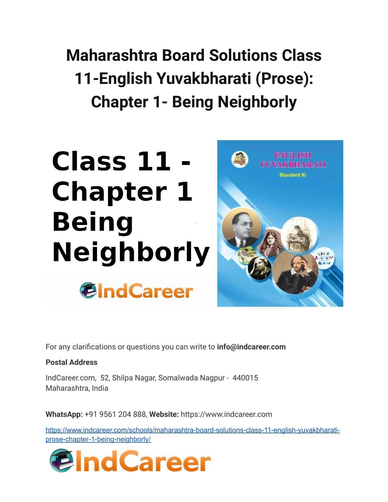 Maharashtra Board Solutions Class 11-English Yuvakbharati (Prose): Chapter 1- Being Neighborly - Page 1