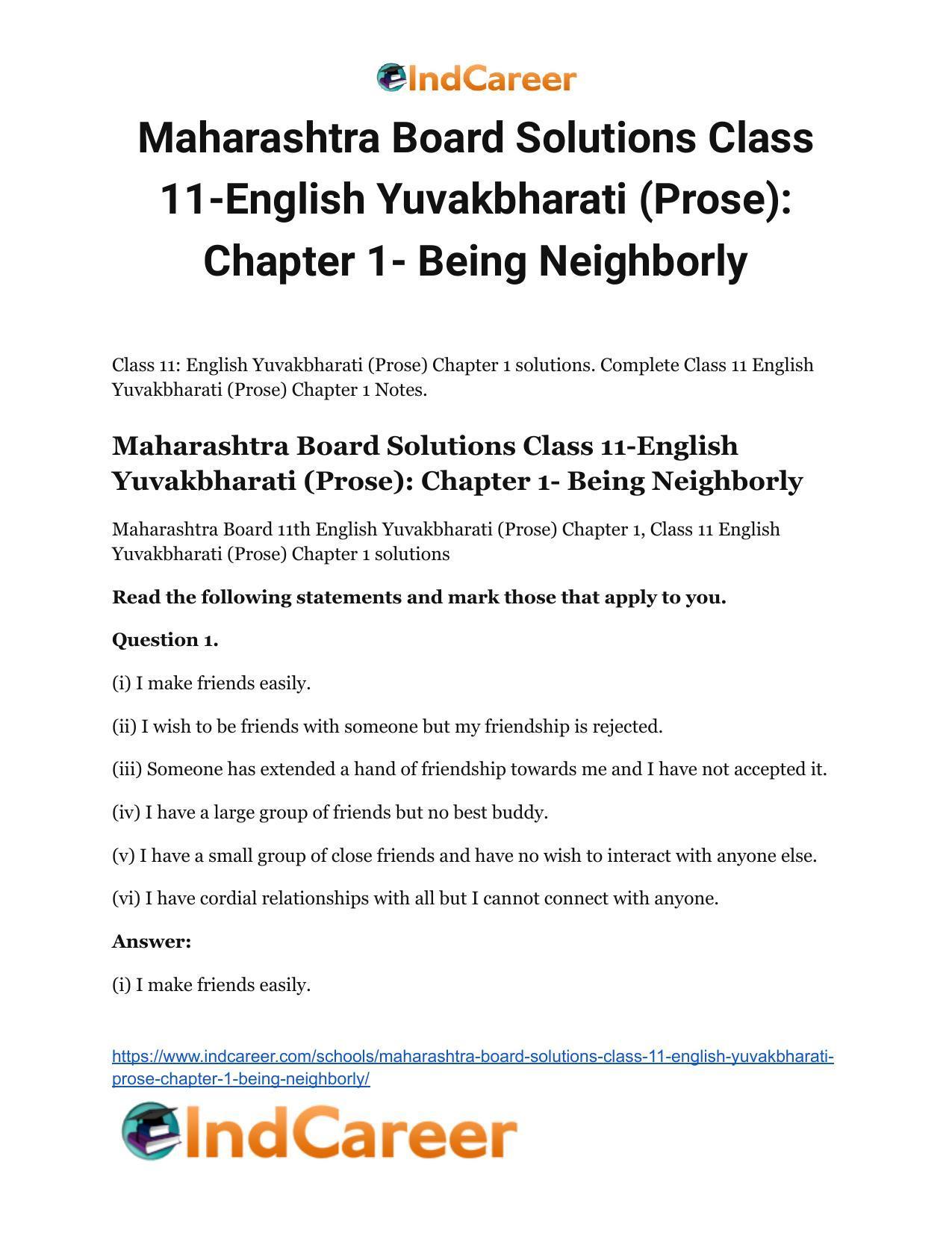 Maharashtra Board Solutions Class 11-English Yuvakbharati (Prose): Chapter 1- Being Neighborly - Page 2
