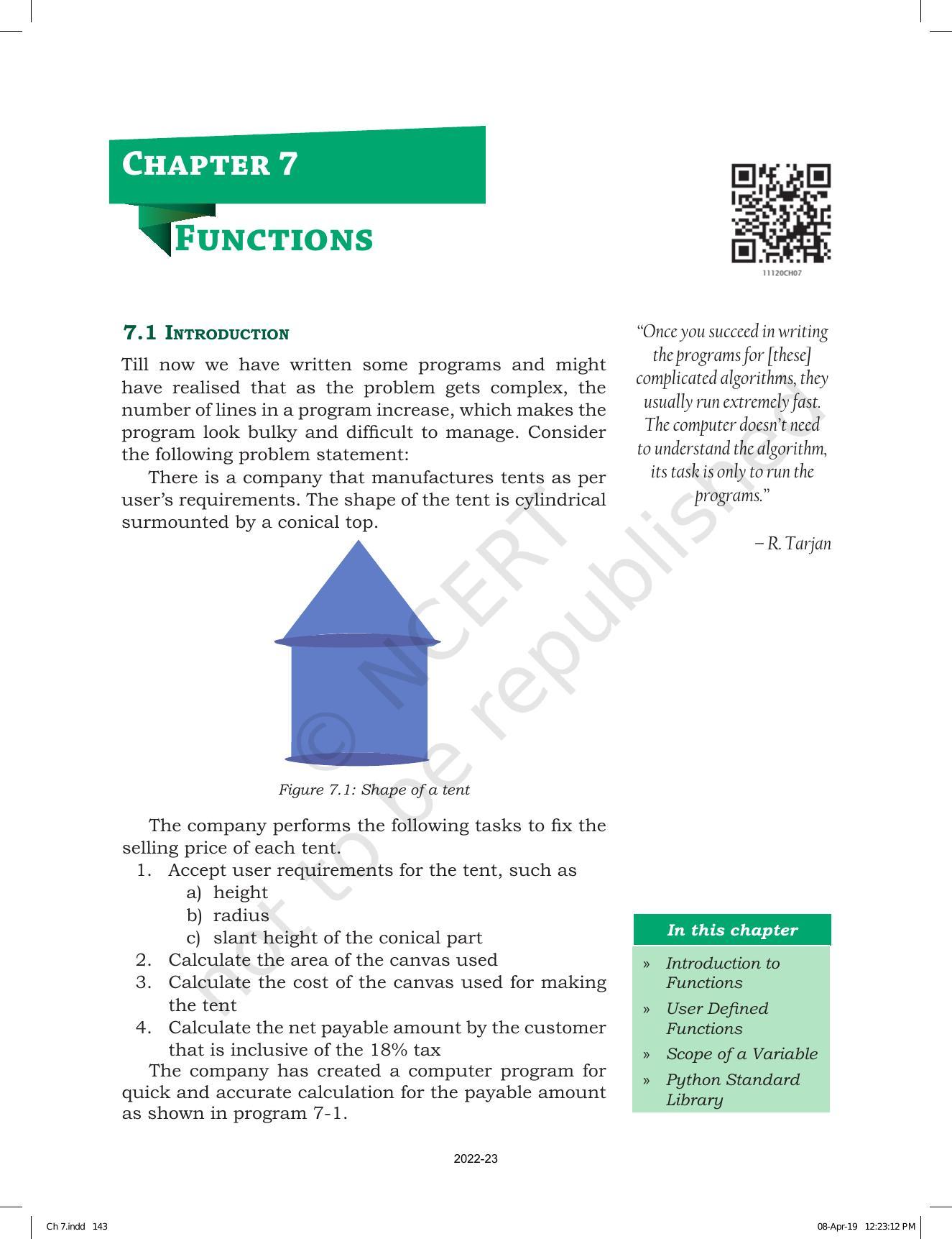 NCERT Book for Class 11 Computer Science Chapter 7 Functions - Page 1