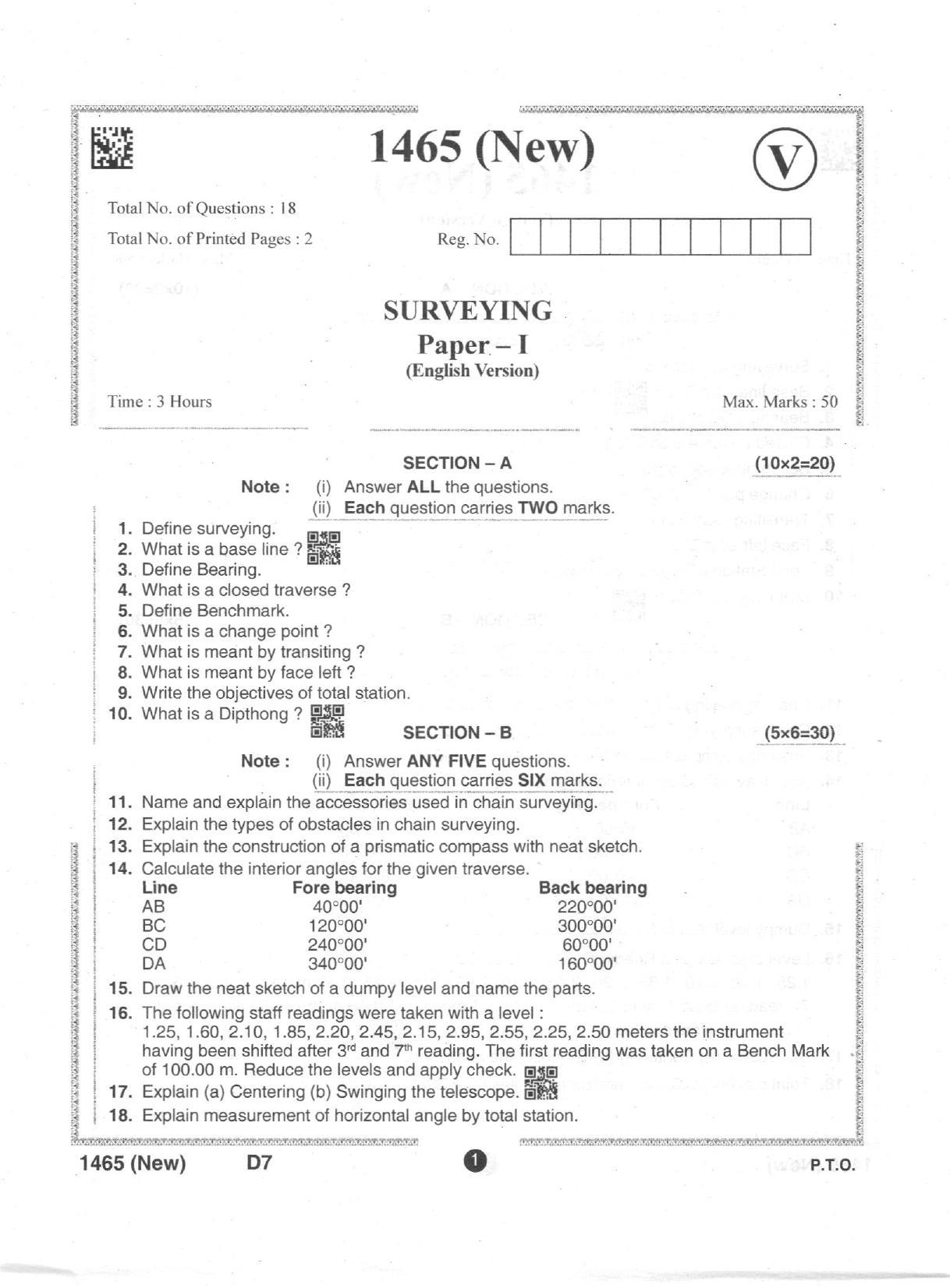 AP Intermediate 2nd Year Vocational Question Paper September-2021 - Surveying(NEW)-I - Page 1
