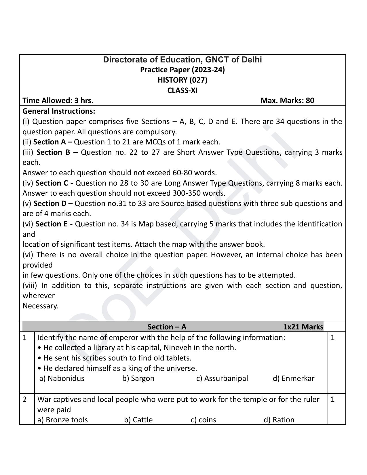 Edudel Class 11 History (English) Practice Papers-1 (2023-24) - Page 1