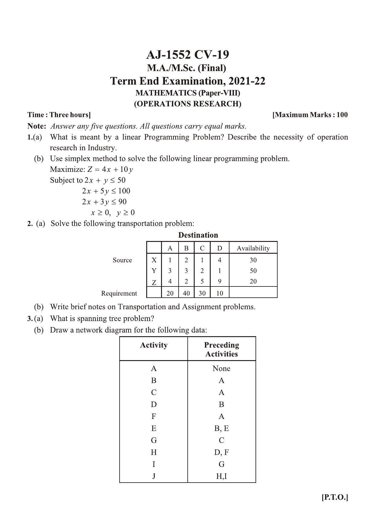  Bilaspur University Question Paper 2021-2022:M.A (Final) Mathematics  Operations Research Paper 1 - Page 1