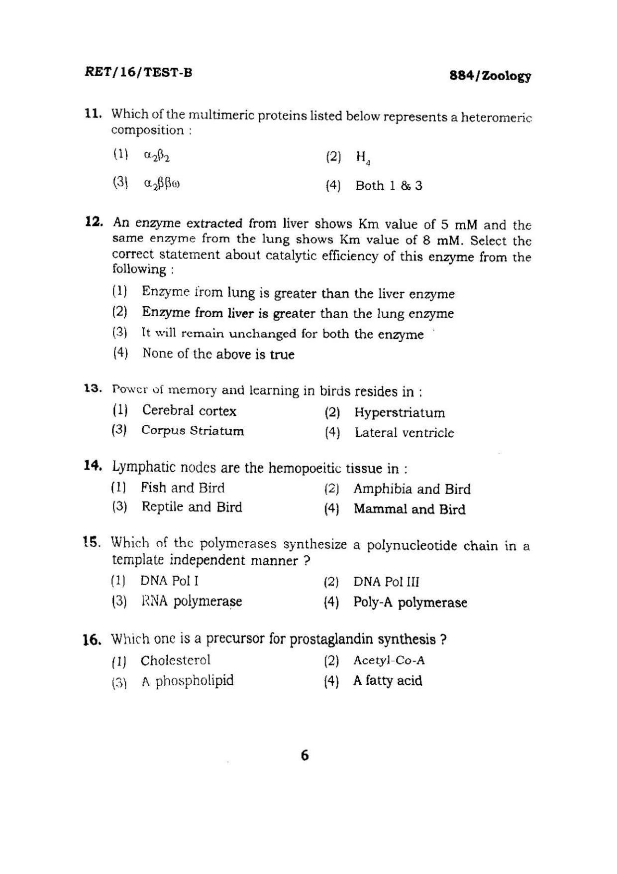 BHU RET ZOOLOGY 2016 Question Paper - Page 6