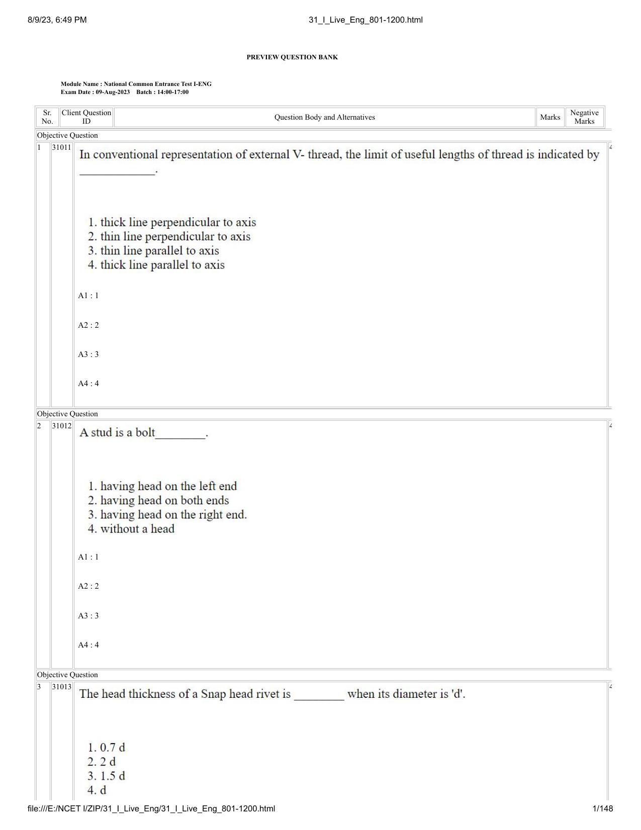 NCET 2023 Question Paper (English Q 801-1200) - Page 1