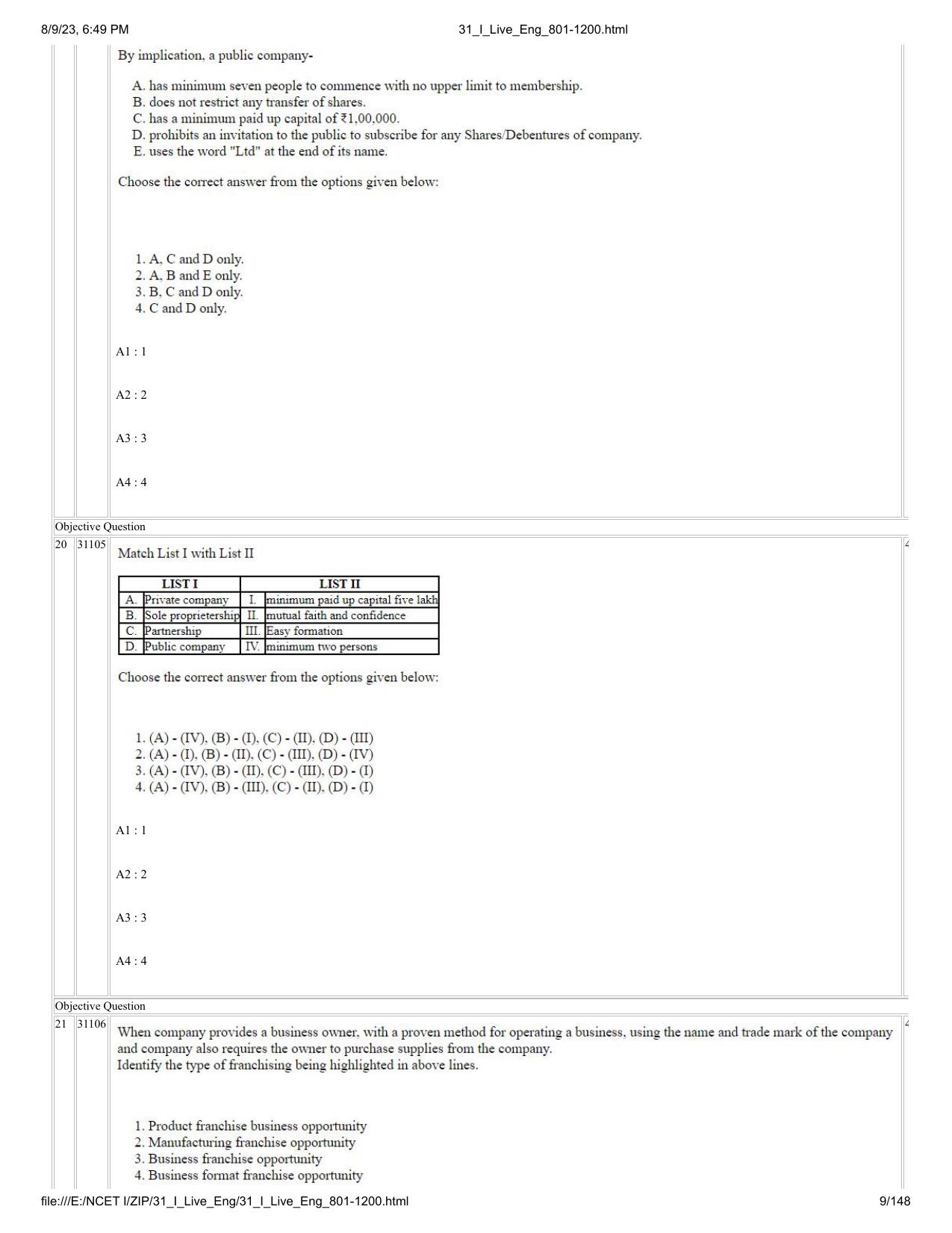 NCET 2023 Question Paper (English Q 801-1200) - Page 9
