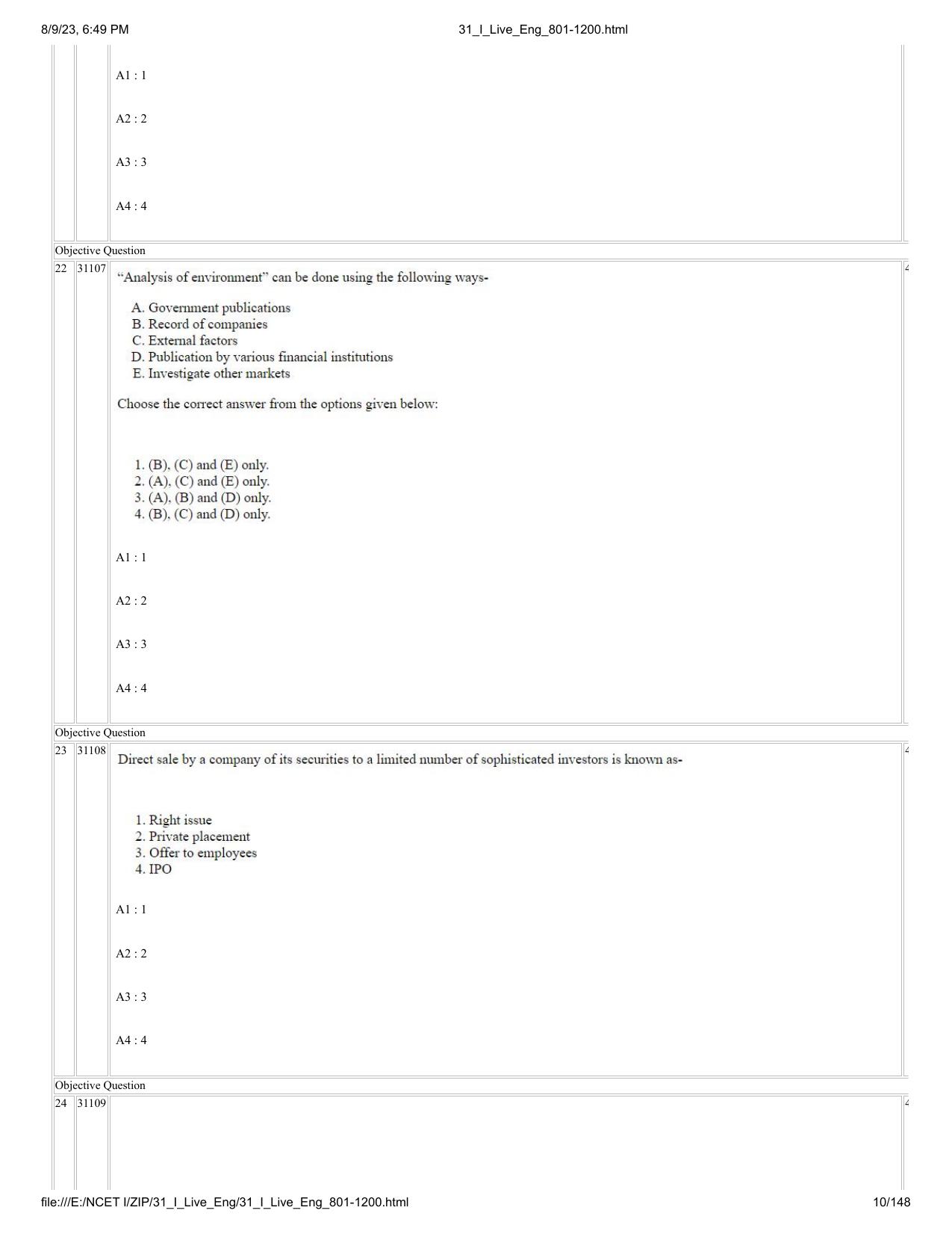 NCET 2023 Question Paper (English Q 801-1200) - Page 10