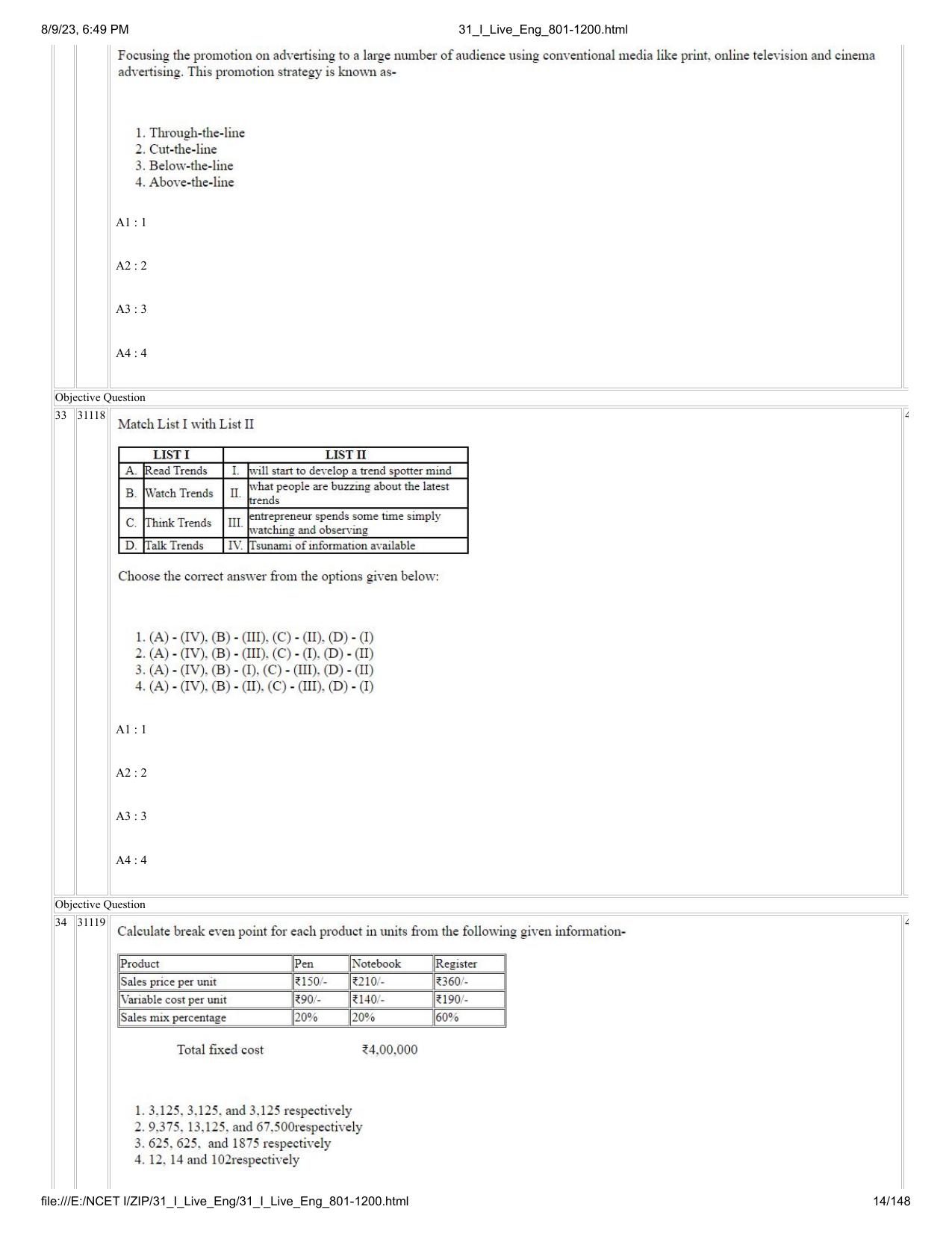 NCET 2023 Question Paper (English Q 801-1200) - Page 14