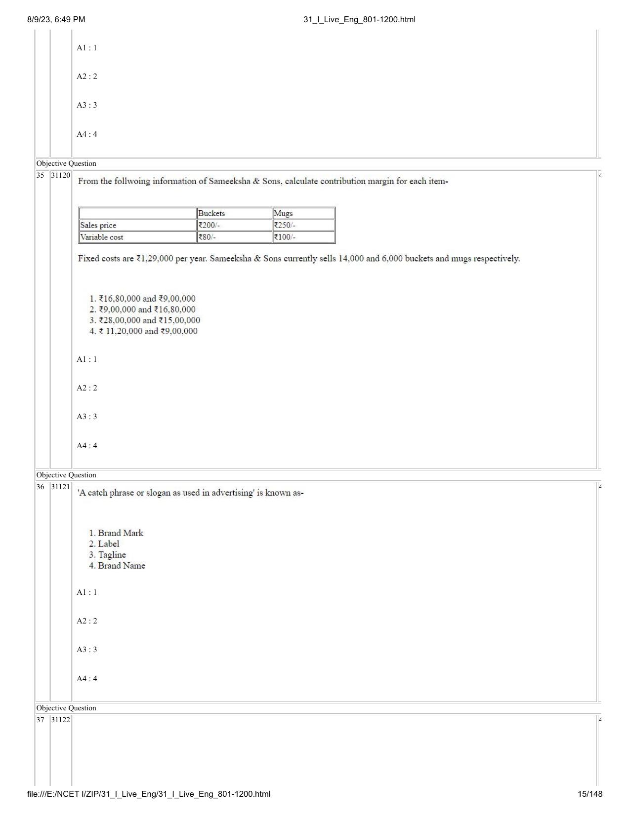 NCET 2023 Question Paper (English Q 801-1200) - Page 15