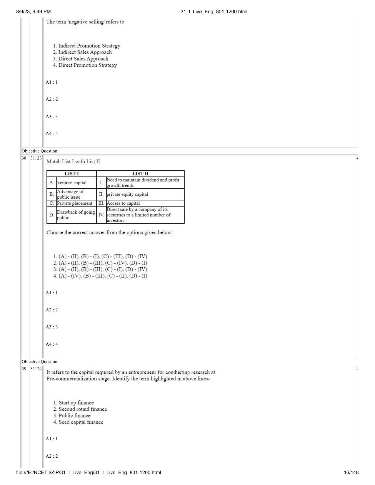 NCET 2023 Question Paper (English Q 801-1200) - Page 16