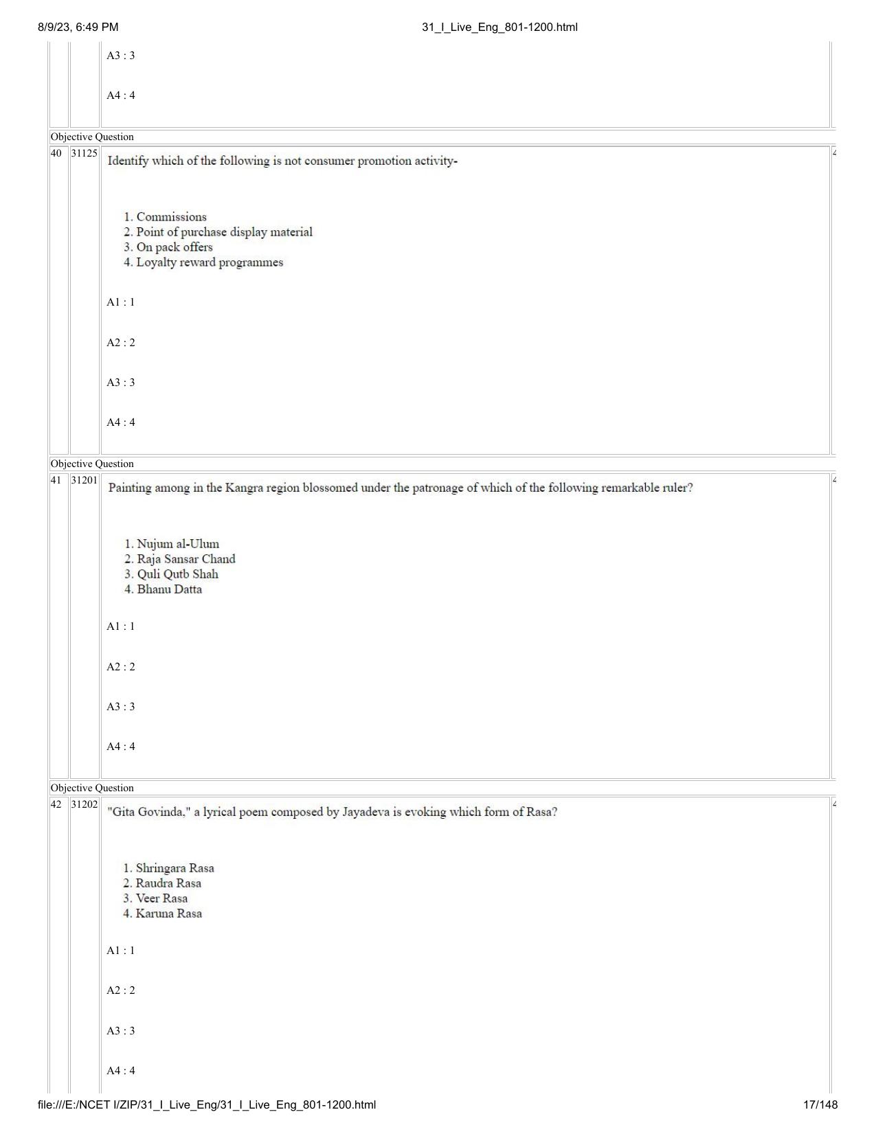 NCET 2023 Question Paper (English Q 801-1200) - Page 17