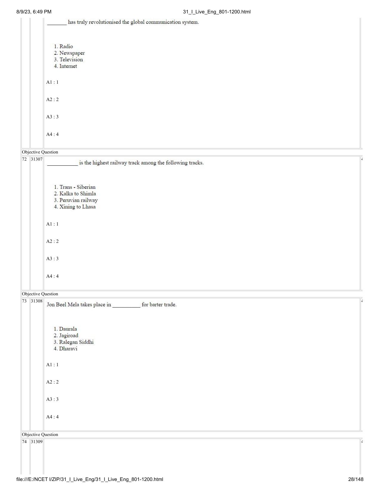 NCET 2023 Question Paper (English Q 801-1200) - Page 28