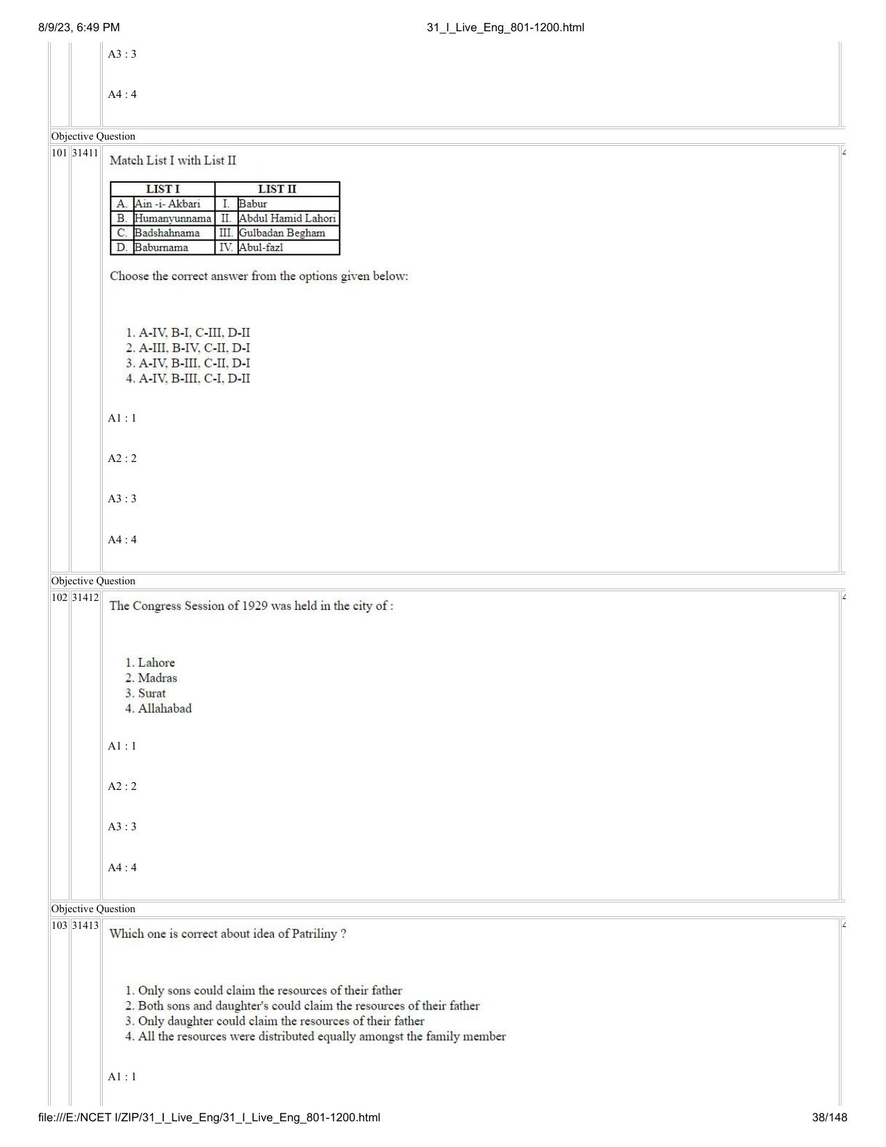 NCET 2023 Question Paper (English Q 801-1200) - Page 38