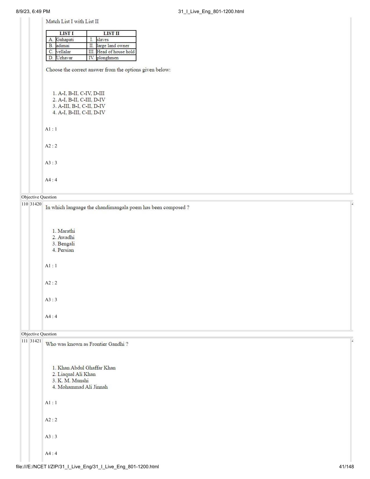 NCET 2023 Question Paper (English Q 801-1200) - Page 41