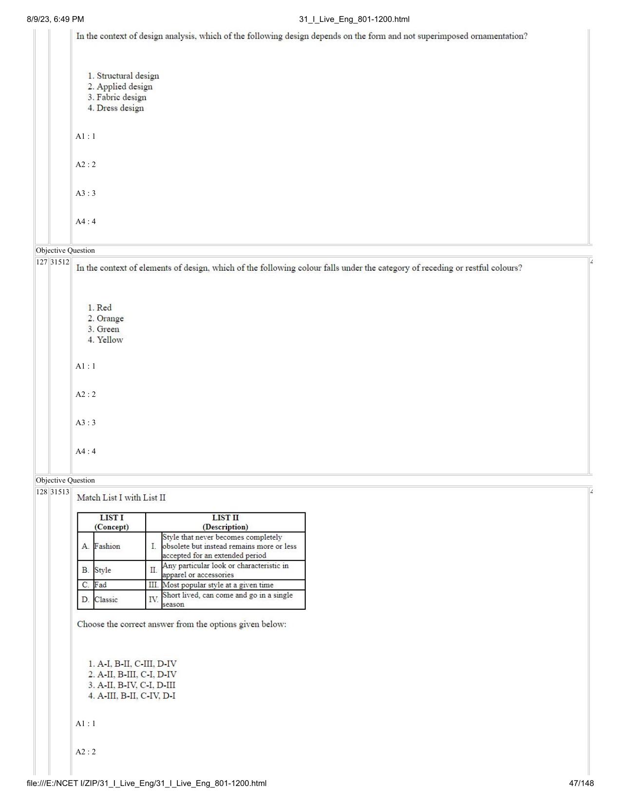 NCET 2023 Question Paper (English Q 801-1200) - Page 47
