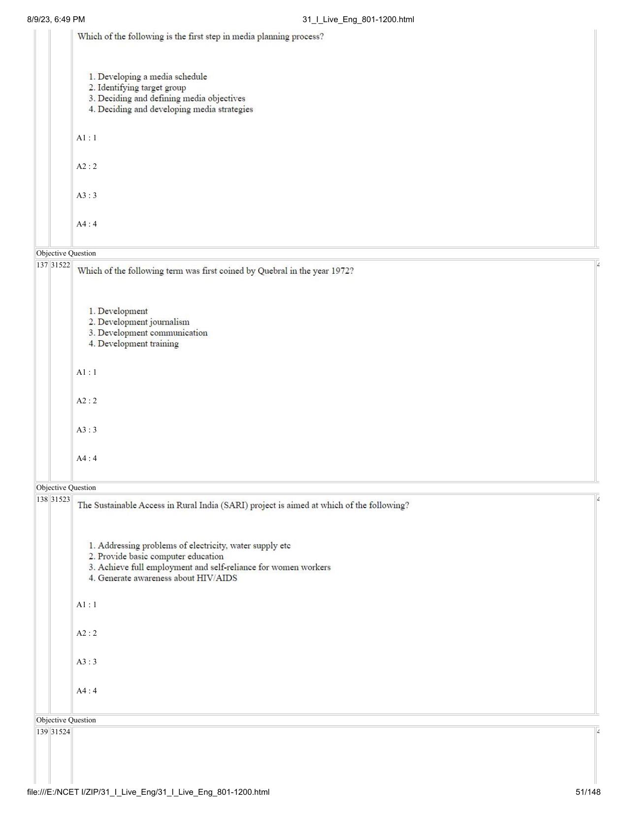 NCET 2023 Question Paper (English Q 801-1200) - Page 51