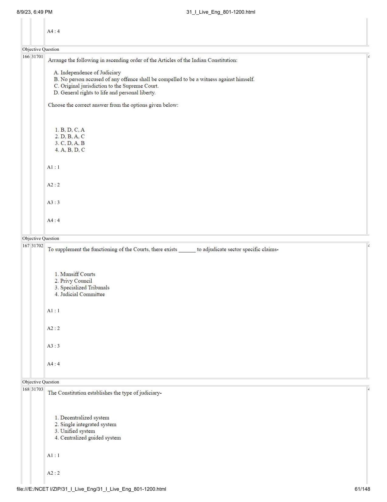 NCET 2023 Question Paper (English Q 801-1200) - Page 61