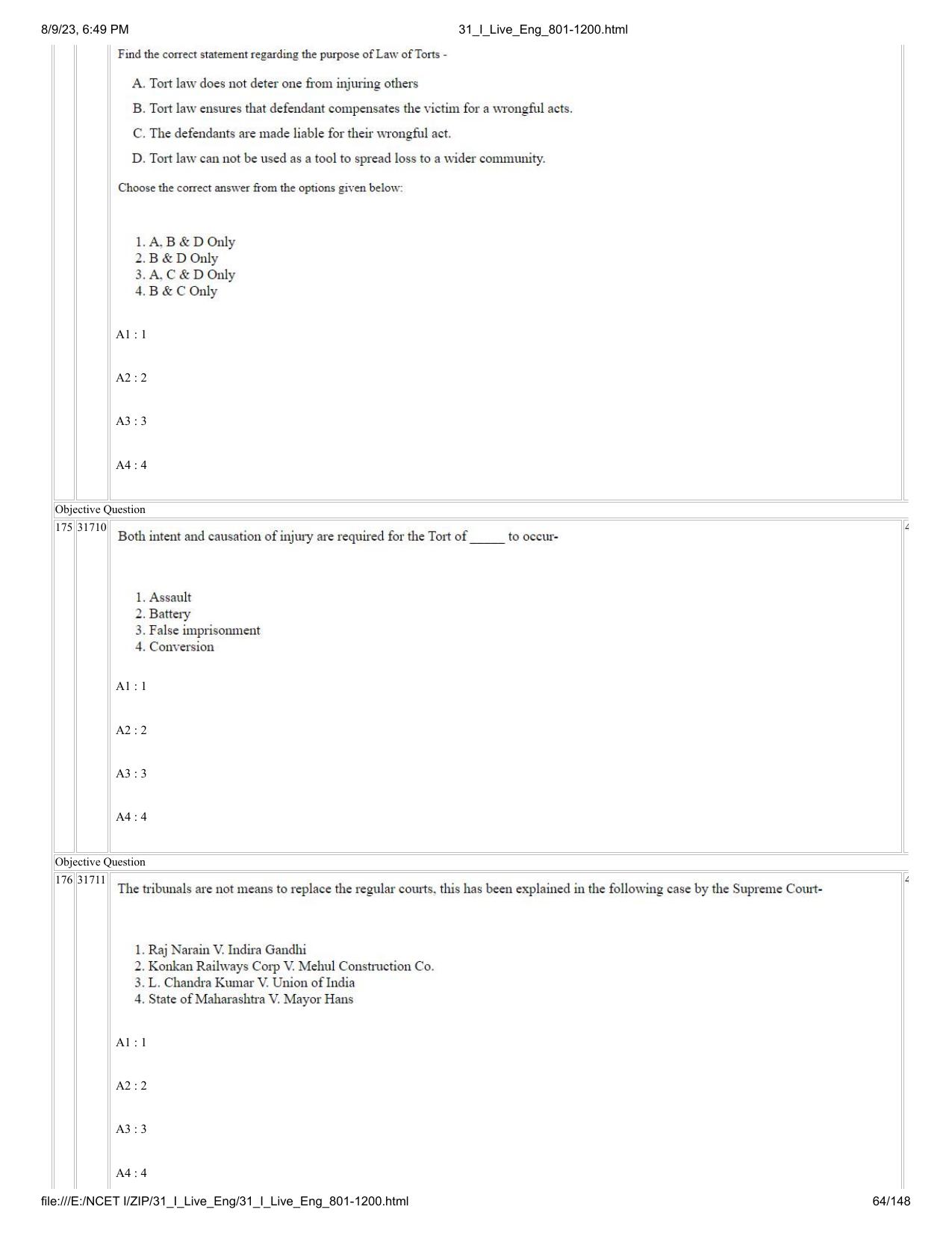 NCET 2023 Question Paper (English Q 801-1200) - Page 64
