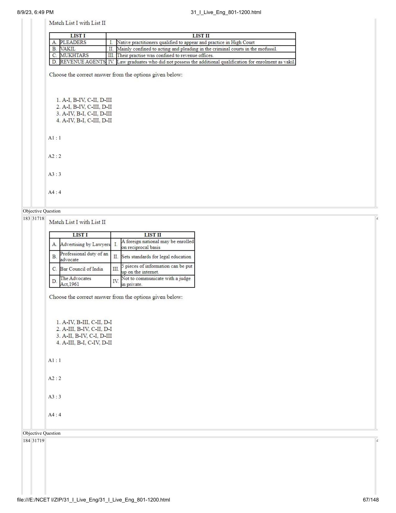 NCET 2023 Question Paper (English Q 801-1200) - Page 67