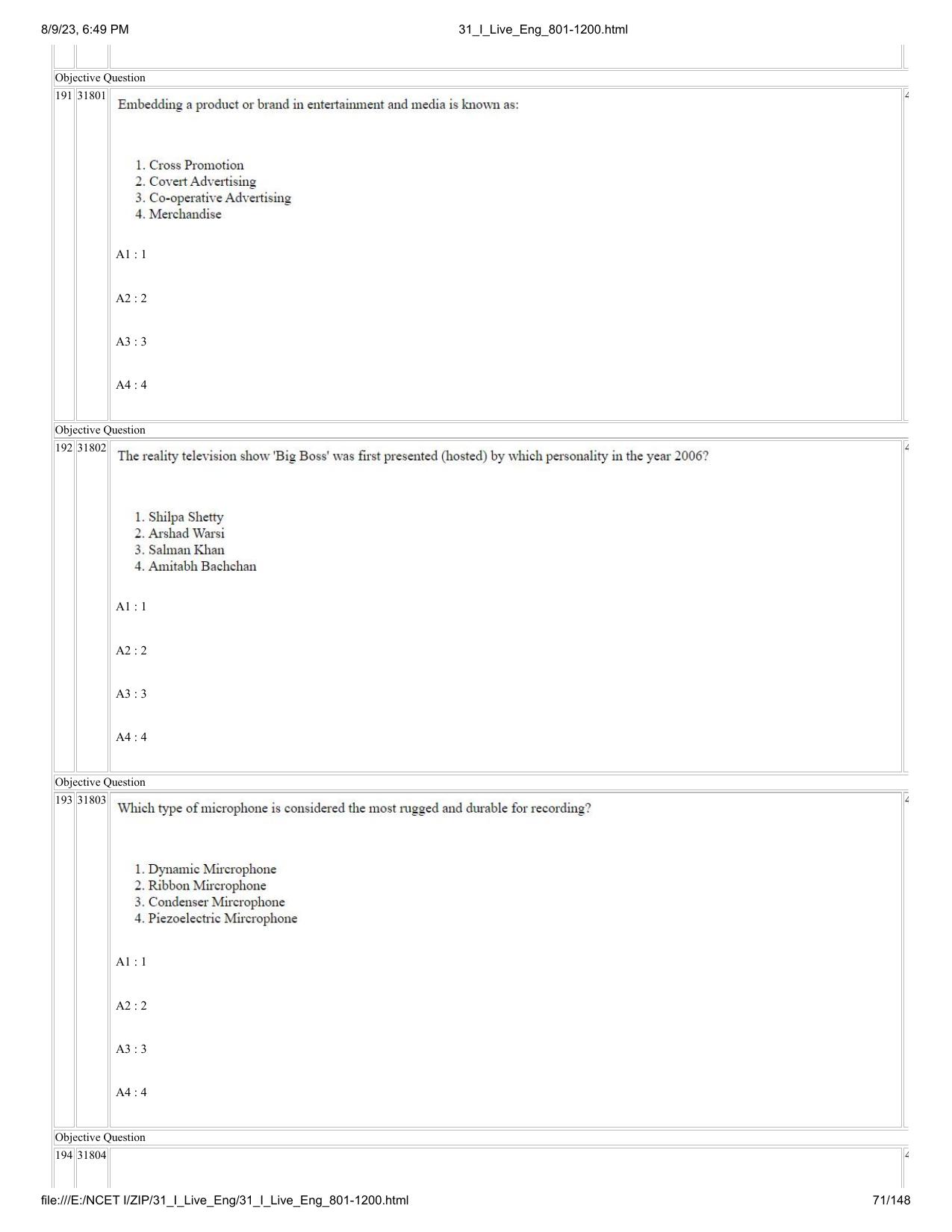 NCET 2023 Question Paper (English Q 801-1200) - Page 71