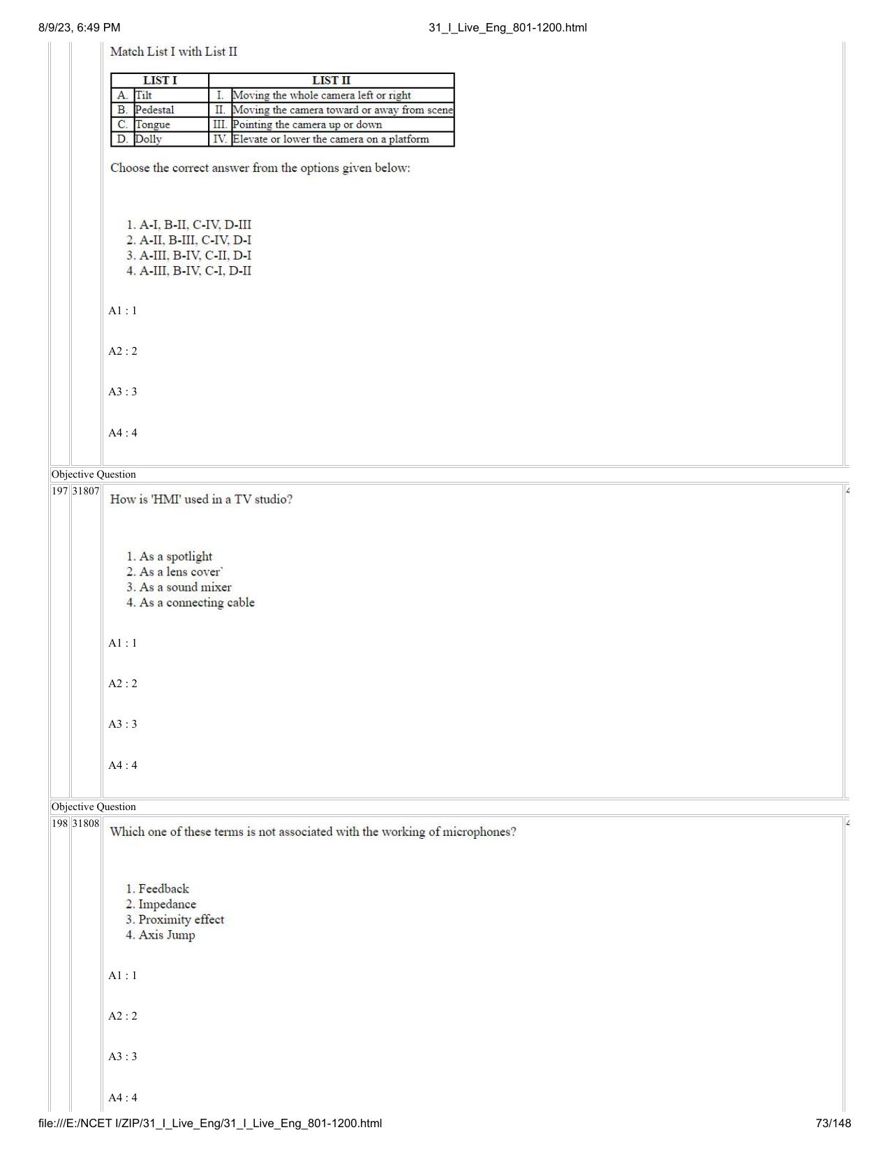 NCET 2023 Question Paper (English Q 801-1200) - Page 73