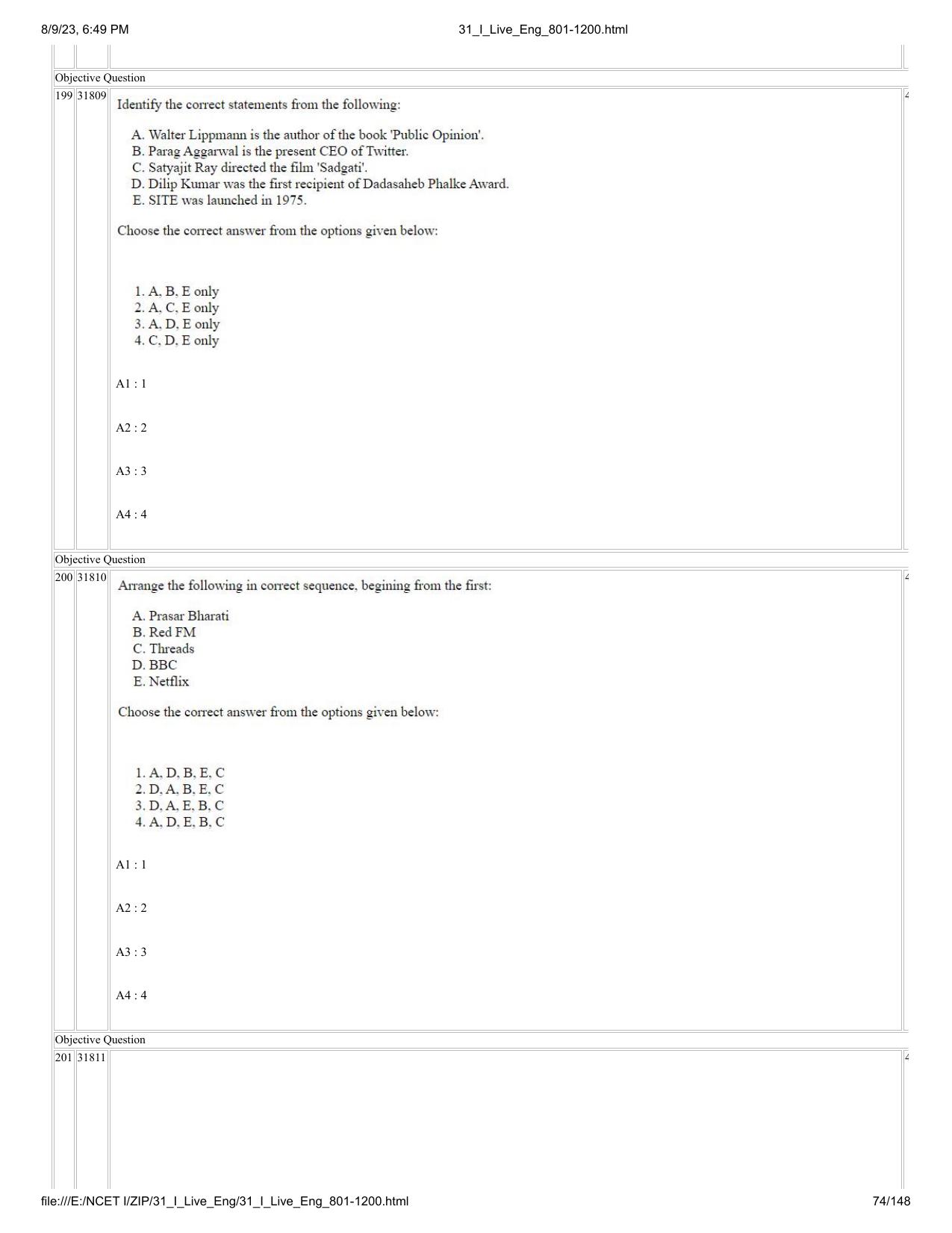 NCET 2023 Question Paper (English Q 801-1200) - Page 74